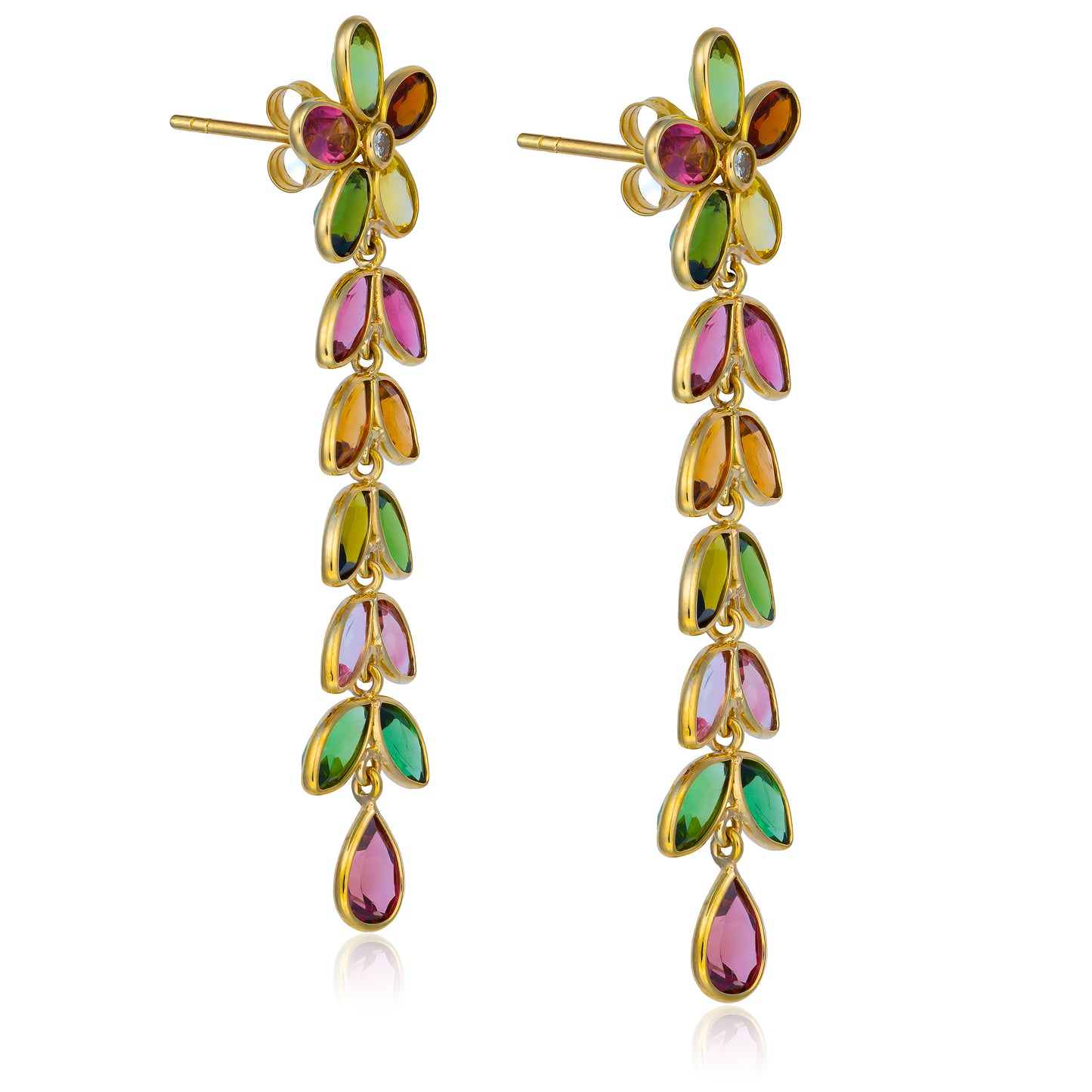 Multi Tourmaline Bezel Floral Drop Earrings in 14K Yellow Gold