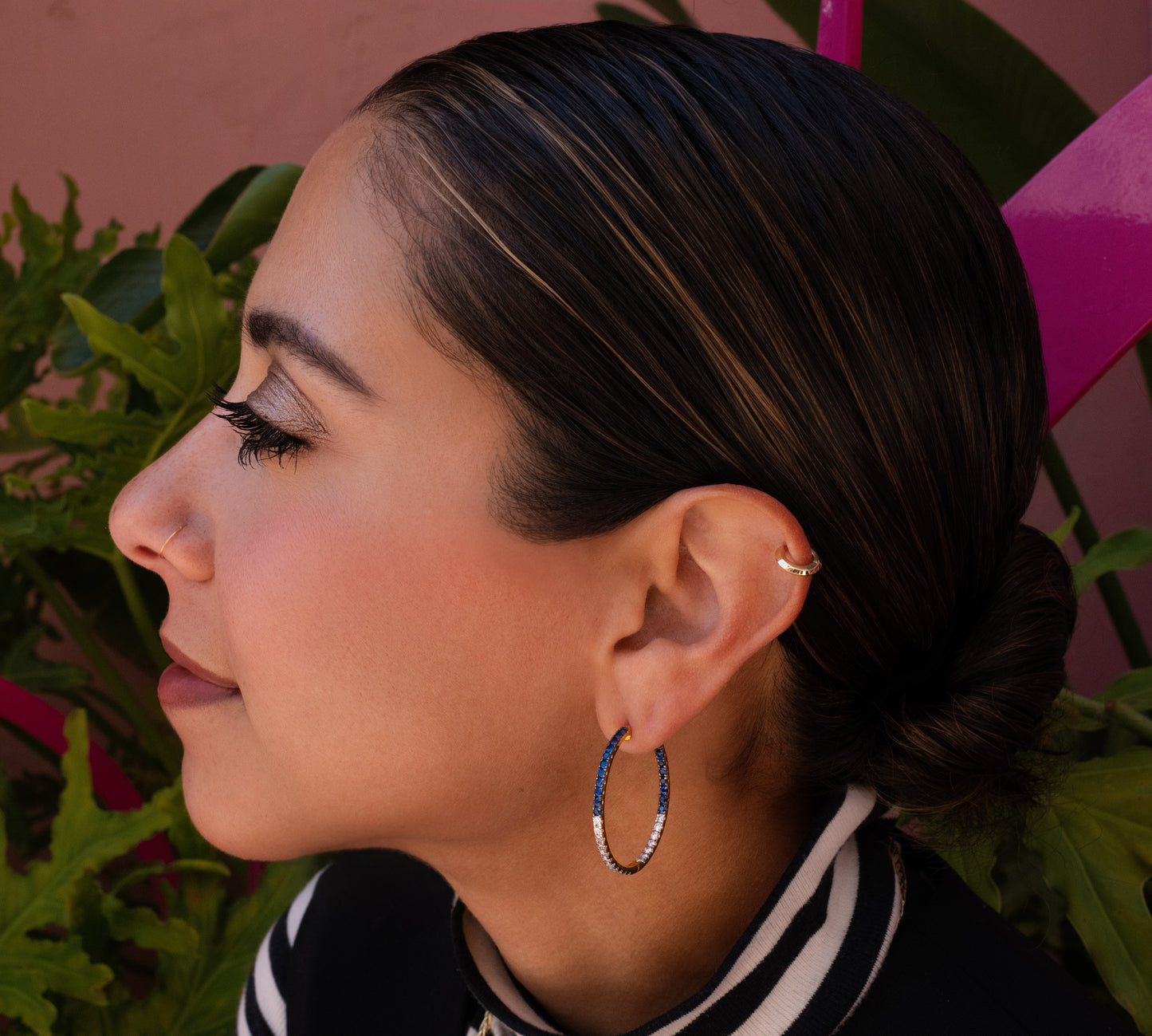 Sapphire & Diamond "Inside Outside" Hoop Earrings in 14K Yellow Gold
