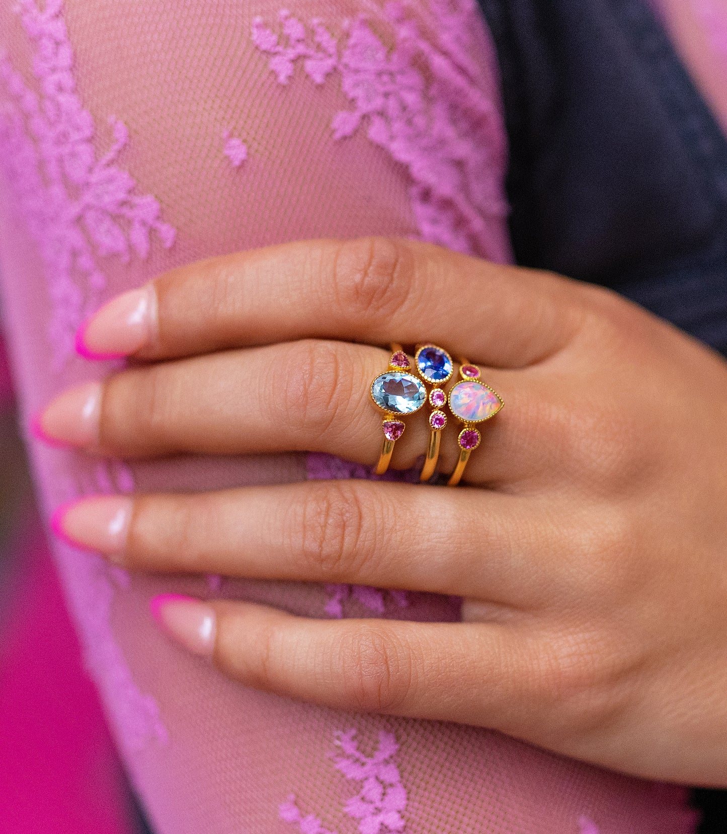 Opal & Pink Sapphire Milgrain Ring in 14K Yellow Gold