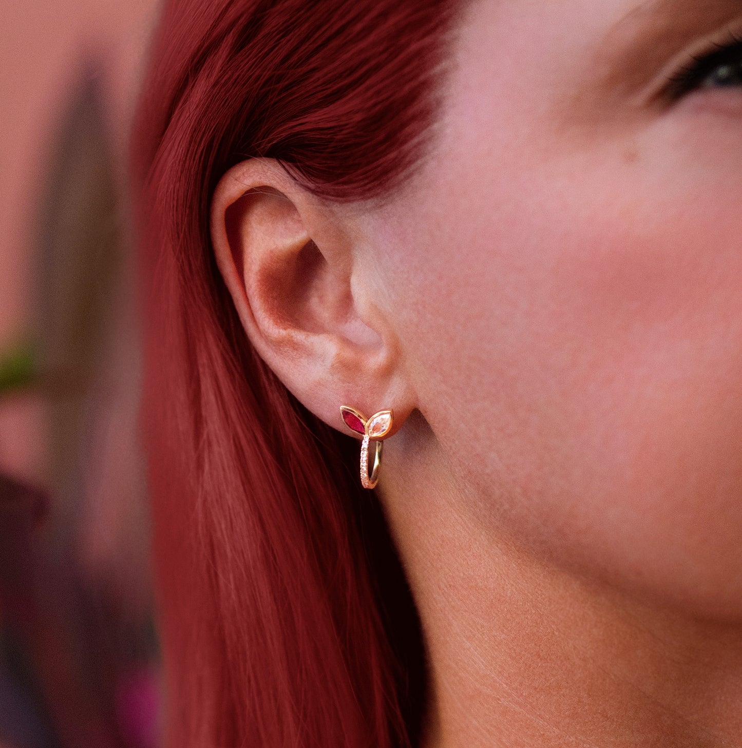 Pink Tourmaline, Topaz & Diamond Blooming Flower Hoop Earrings in 14K Yellow Gold