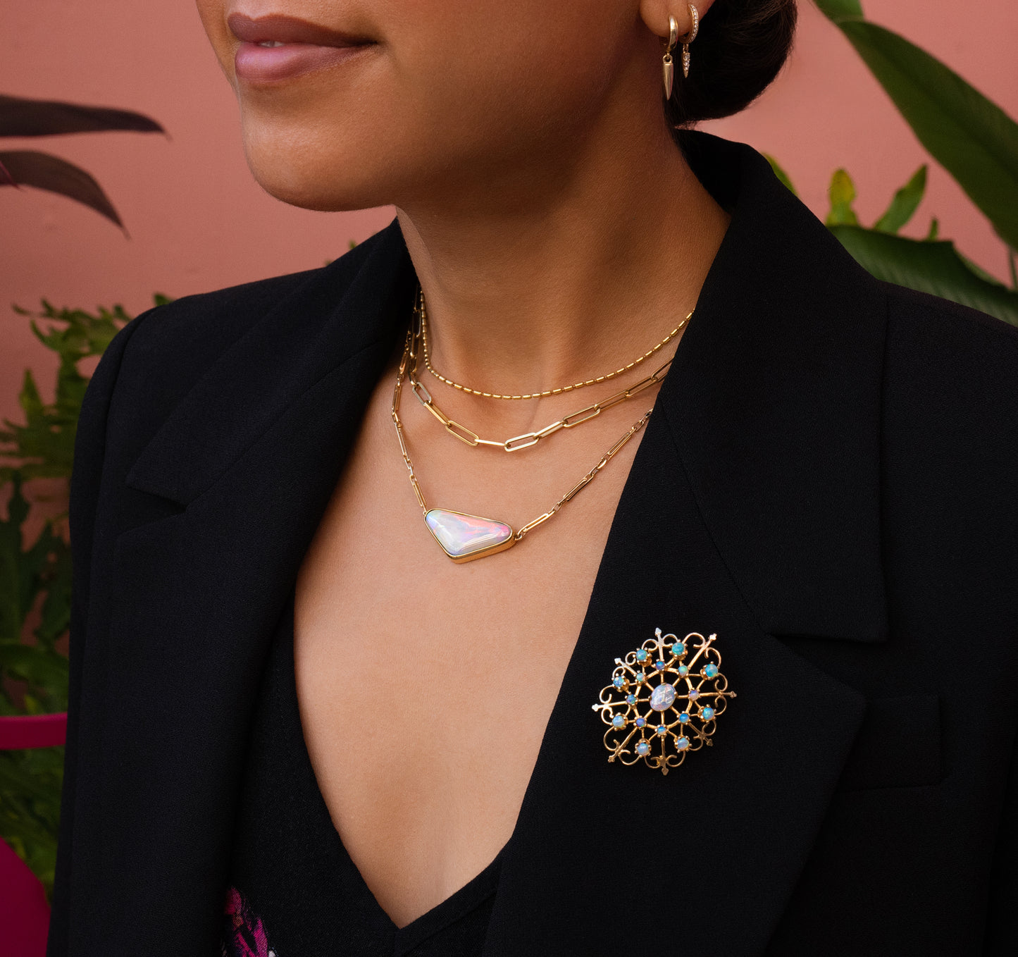 Bezel set Opal Paperclip Elongated Link Necklace in 14K Yellow Gold
