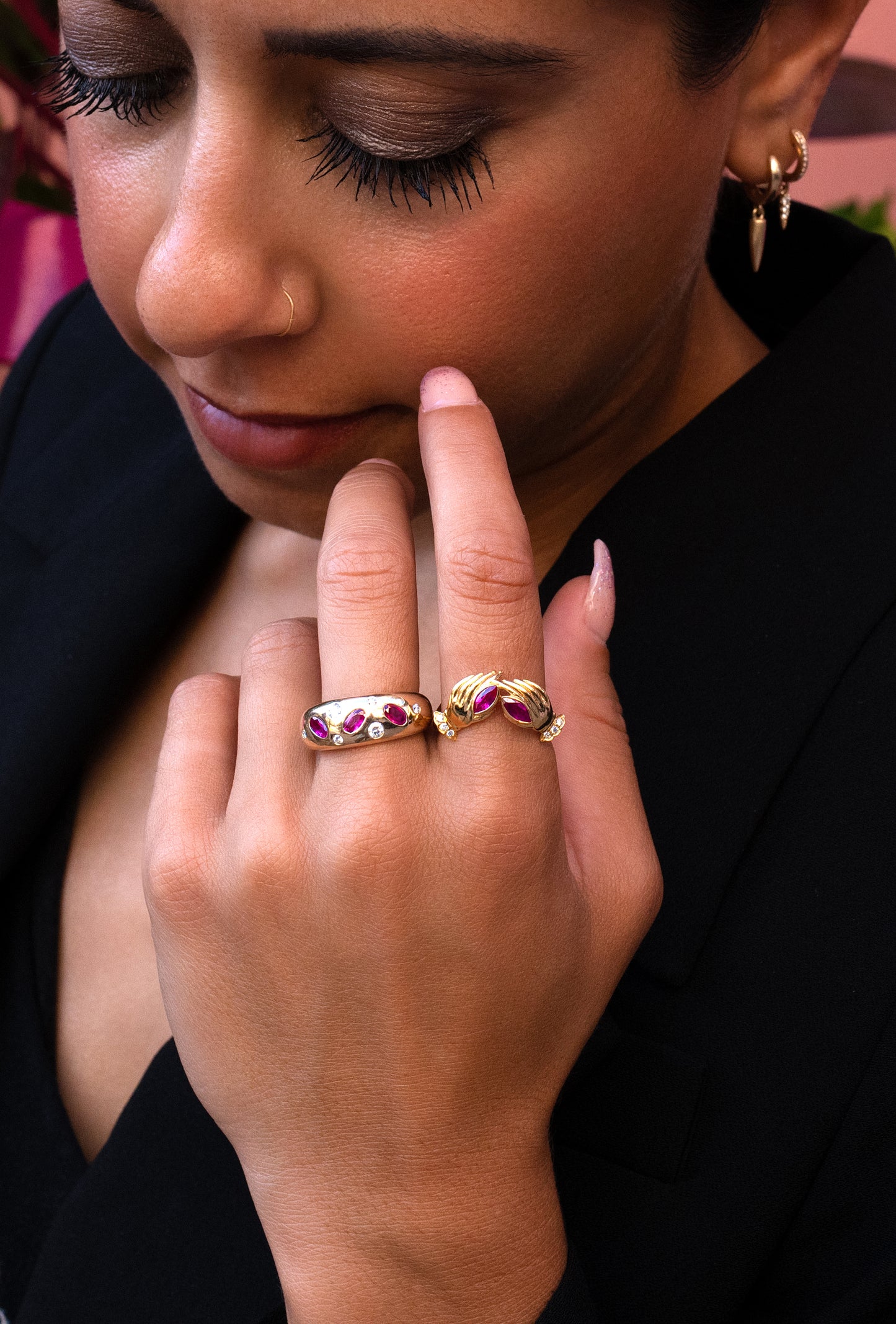Ruby & Diamond Scattered Domed Ring in 14K Yellow Gold