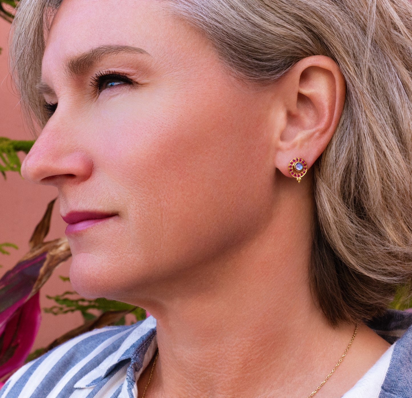 Celestial Moonstone & Ruby Stud Earrings in 14K Yellow Gold
