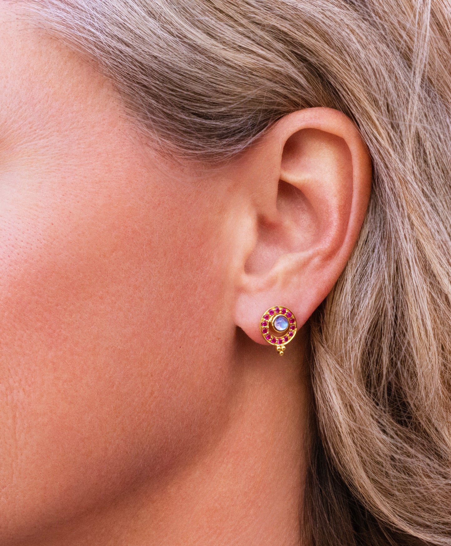 Celestial Moonstone & Ruby Stud Earrings in 14K Yellow Gold