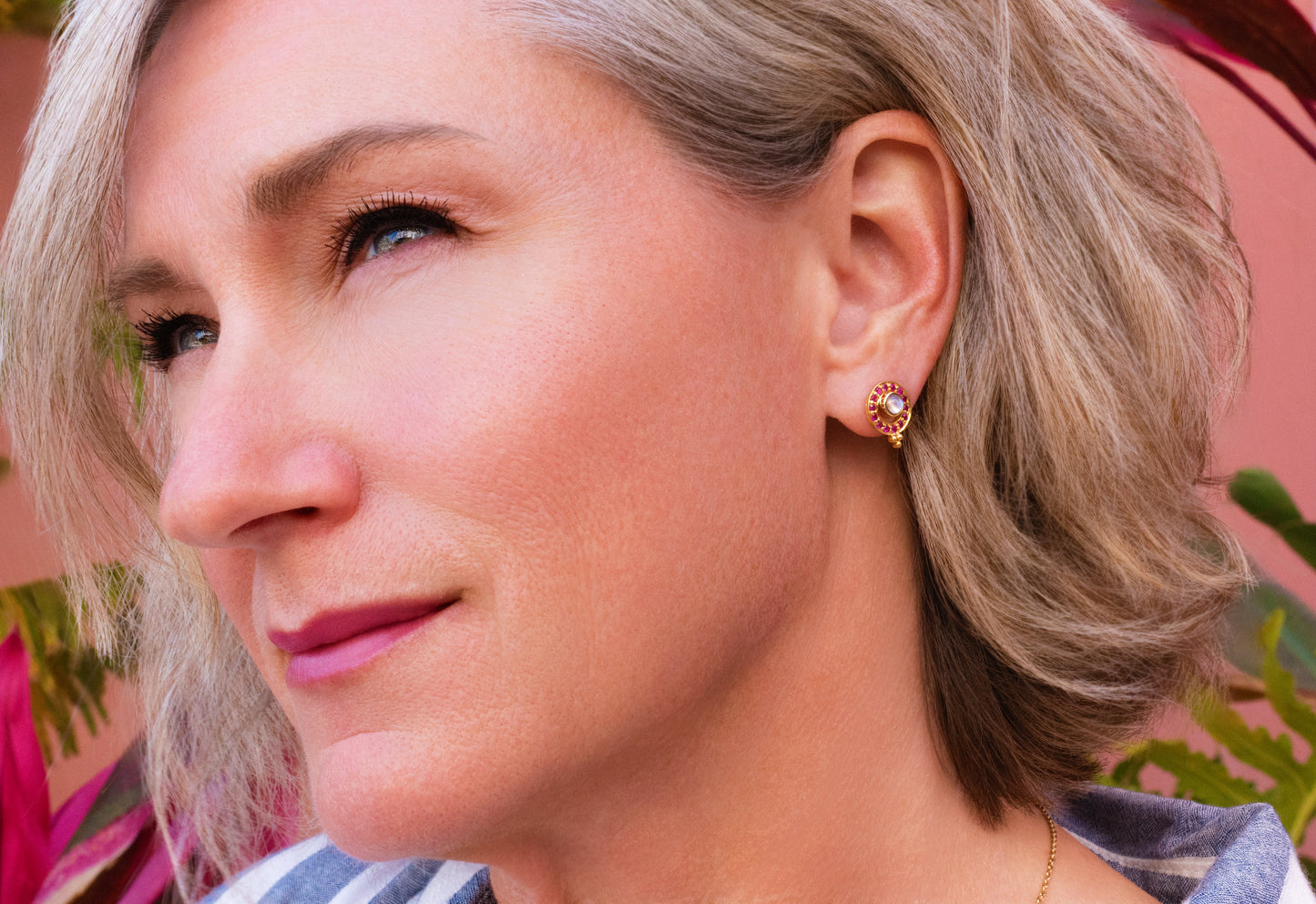 Celestial Moonstone & Ruby Stud Earrings in 14K Yellow Gold