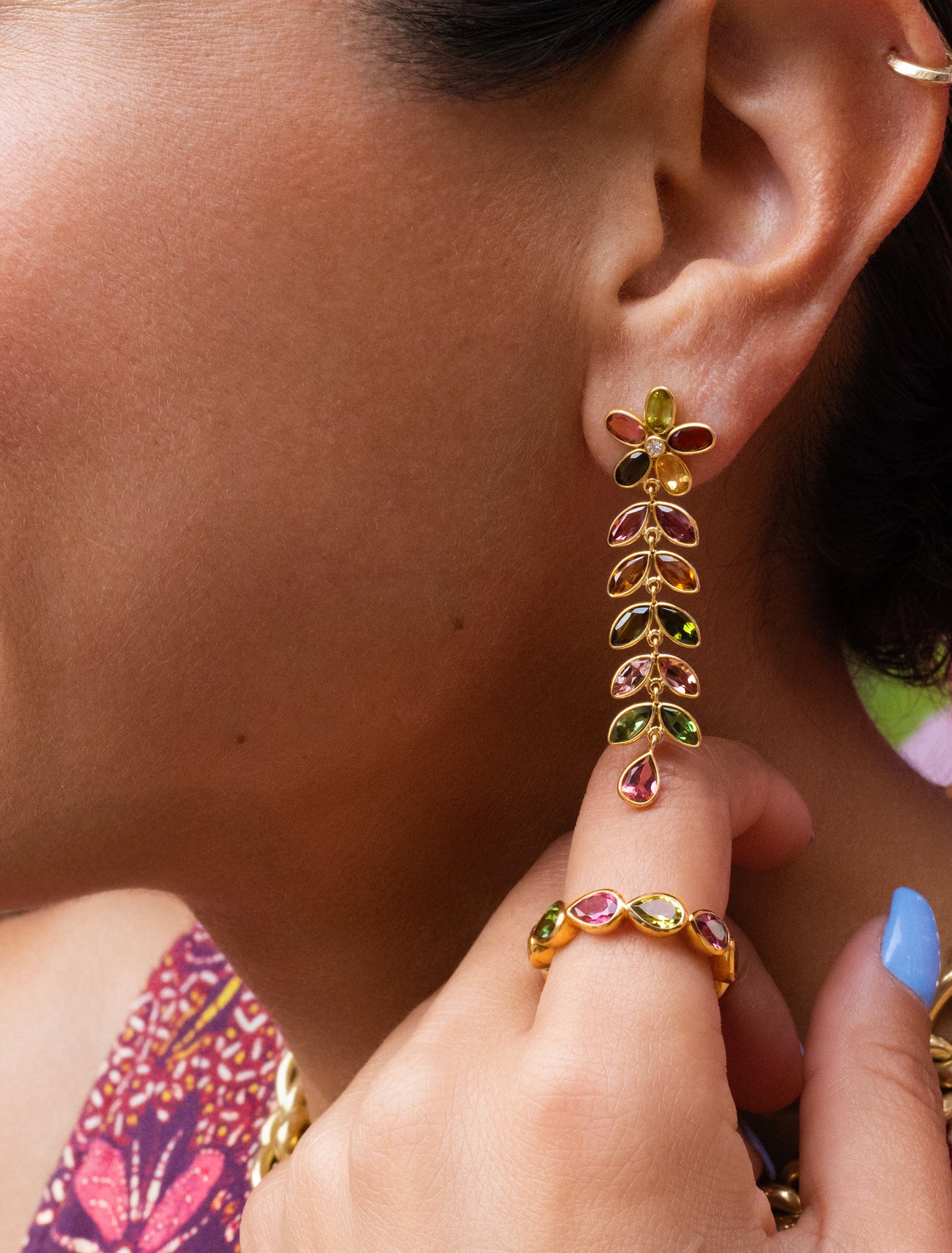 Multi Tourmaline Bezel Floral Drop Earrings in 14K Yellow Gold