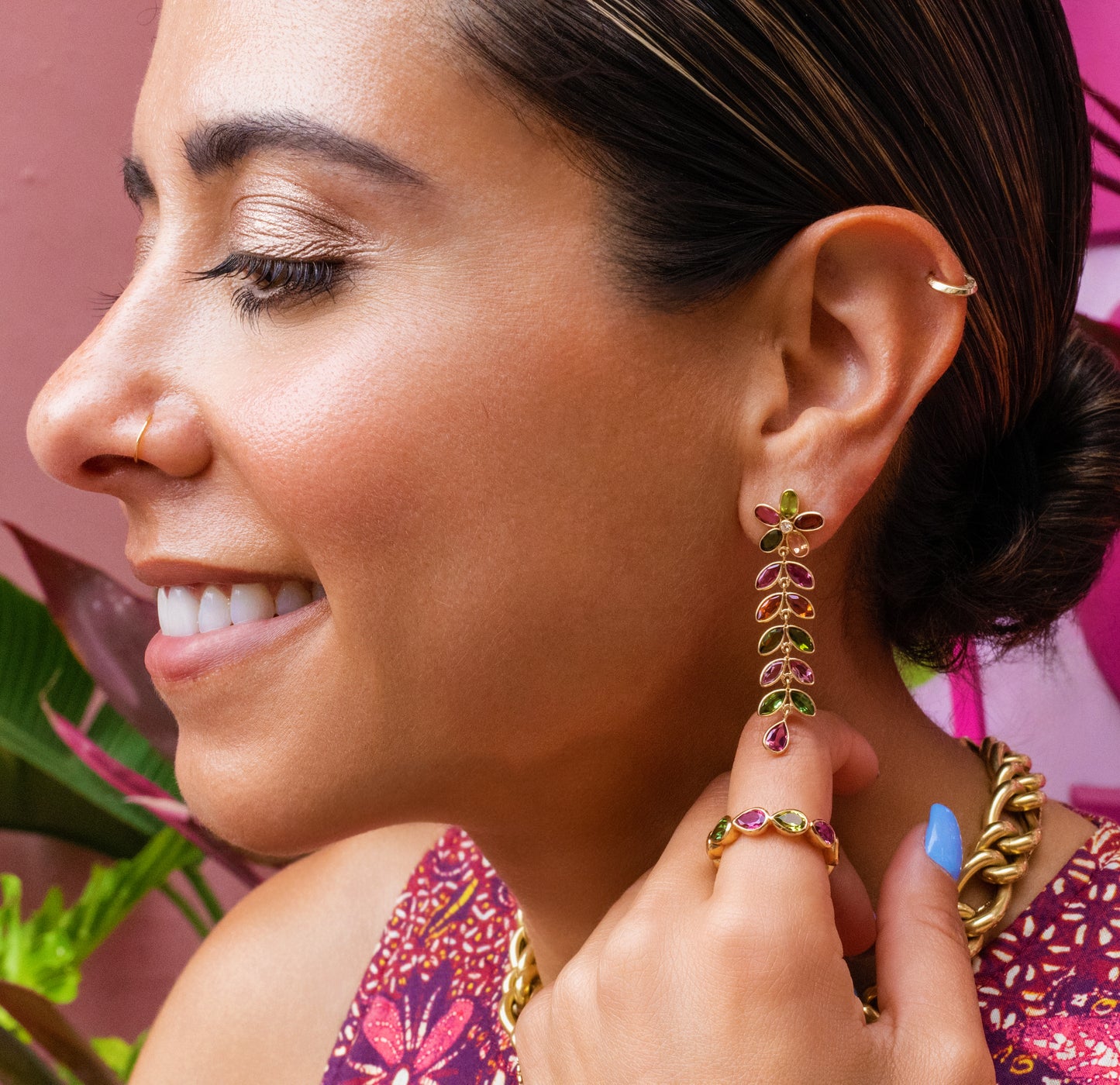 Multi Tourmaline Bezel Floral Drop Earrings in 14K Yellow Gold