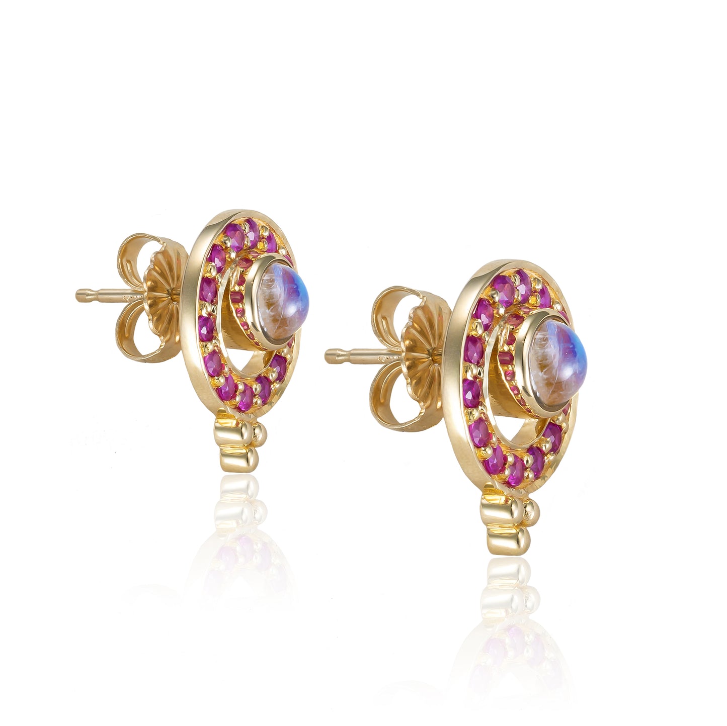 Celestial Moonstone & Ruby Stud Earrings in 14K Yellow Gold