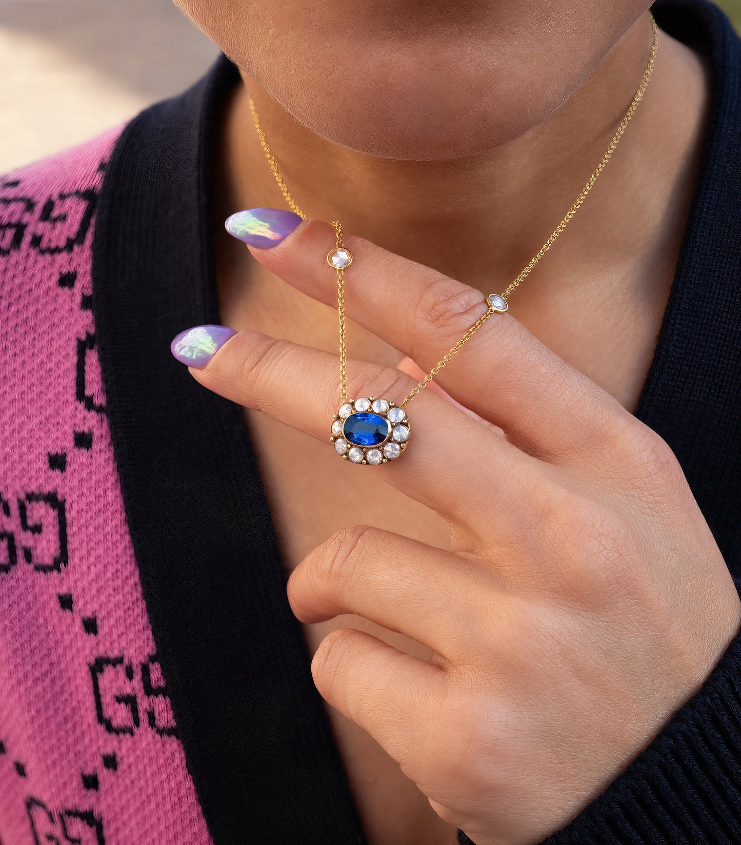Sapphire & Diamond Halo Necklace in 18K Yellow Gold