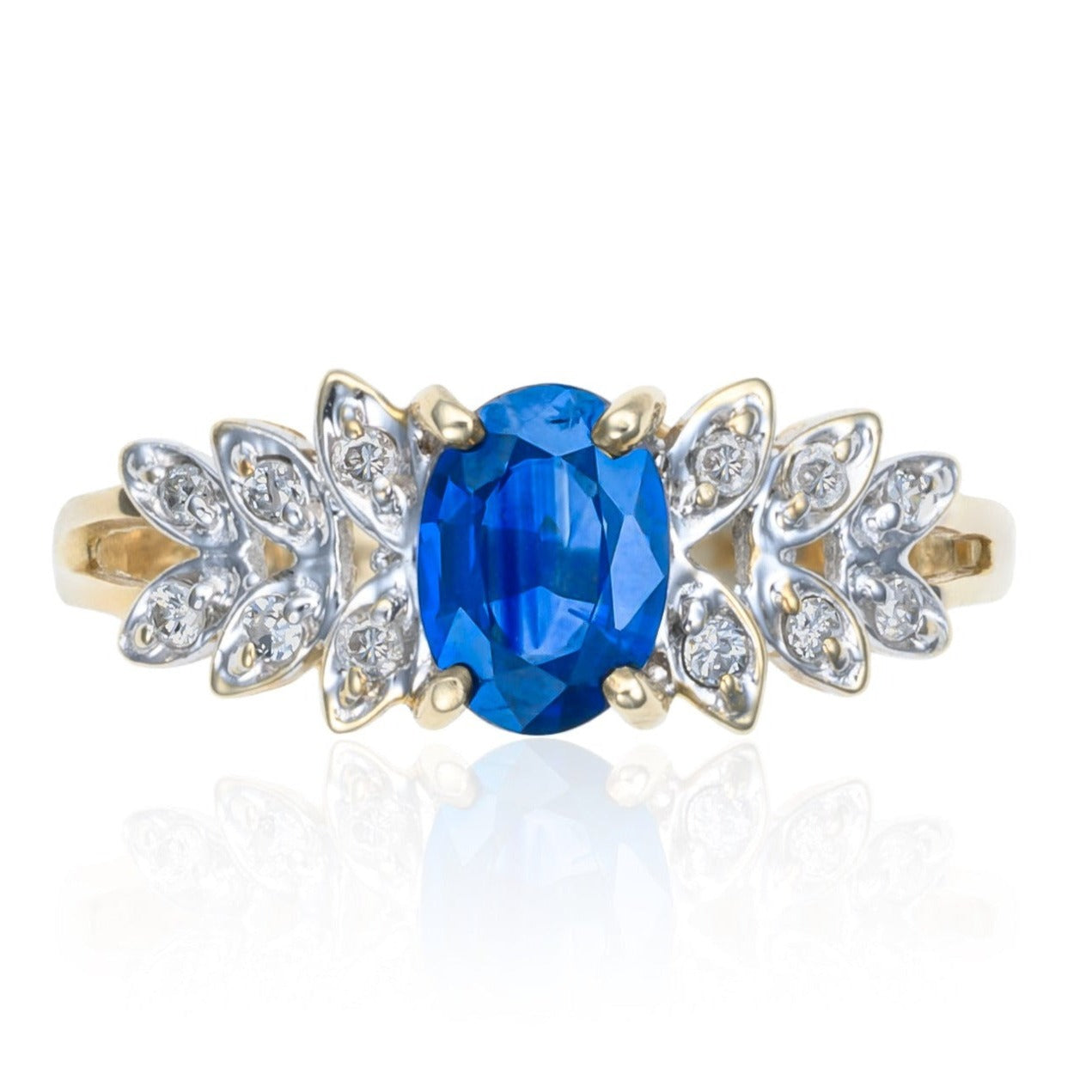 Ceylon Sapphire Diamond Accented Leaf Ring in 14K Gold