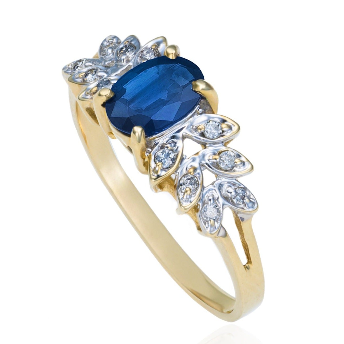 Ceylon Sapphire Diamond Accented Leaf Ring in 14K Gold