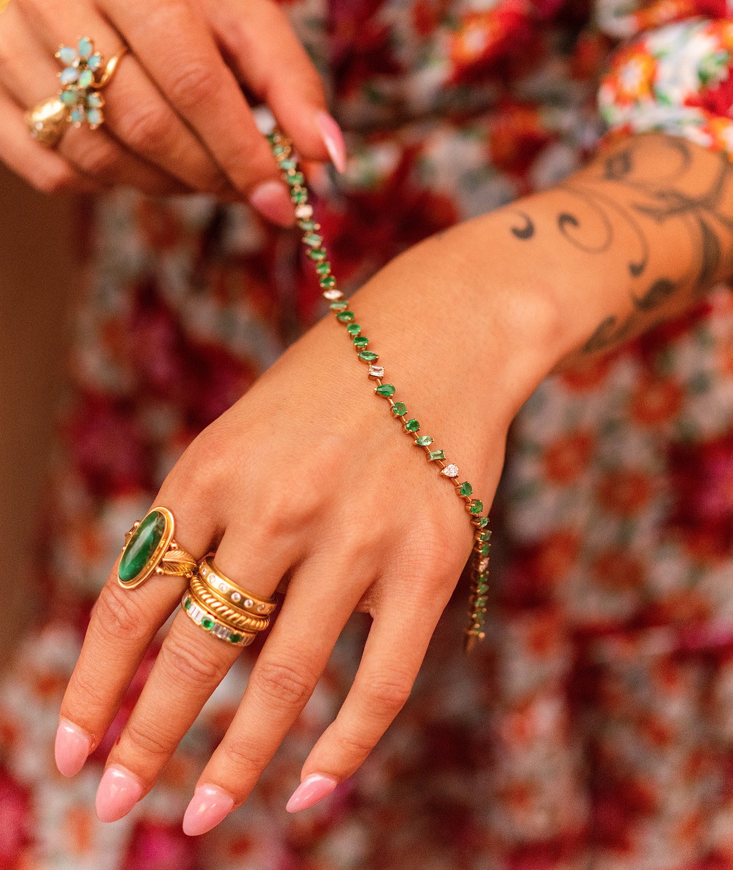 Colombian Emerald & Diamond Multi Shaped Tennis Bracelet in 14K Yellow Gold