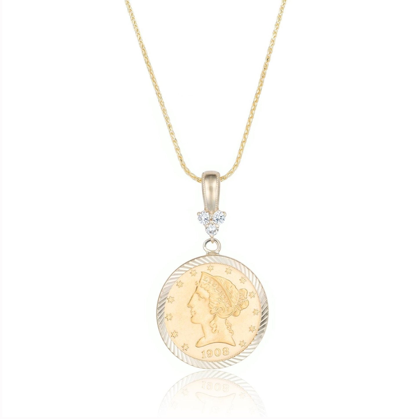 1908 United States Liberty Head Half Eagle Five Dollar Gold Piece Diamond Coin Pendant in 22K/14K