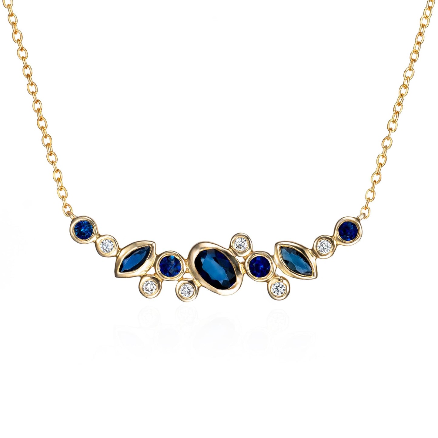 Scattered Sapphire & Diamond Bar Necklace in 14K Yellow Gold