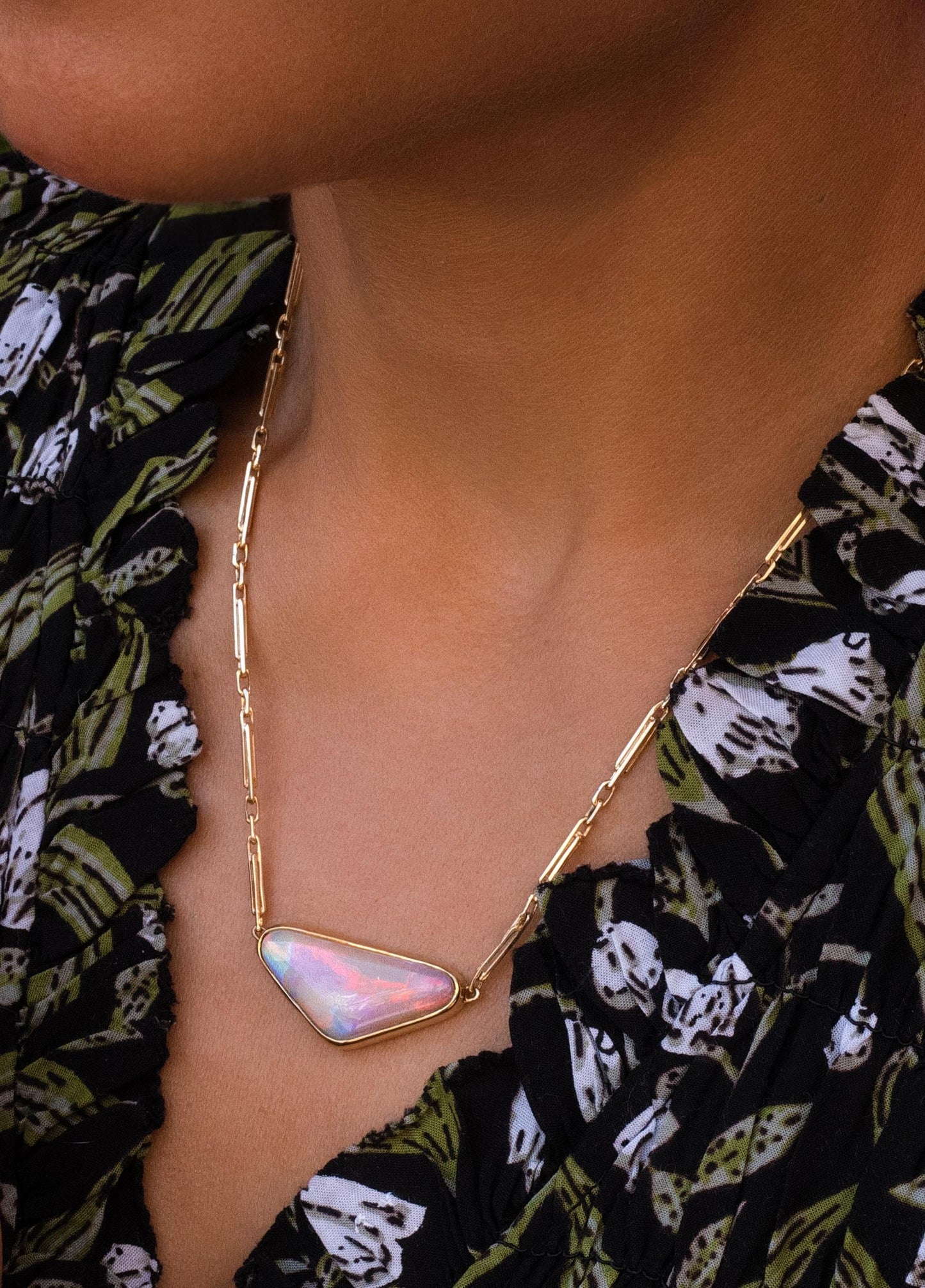 Bezel set Opal Paperclip Elongated Link Necklace in 14K Yellow Gold