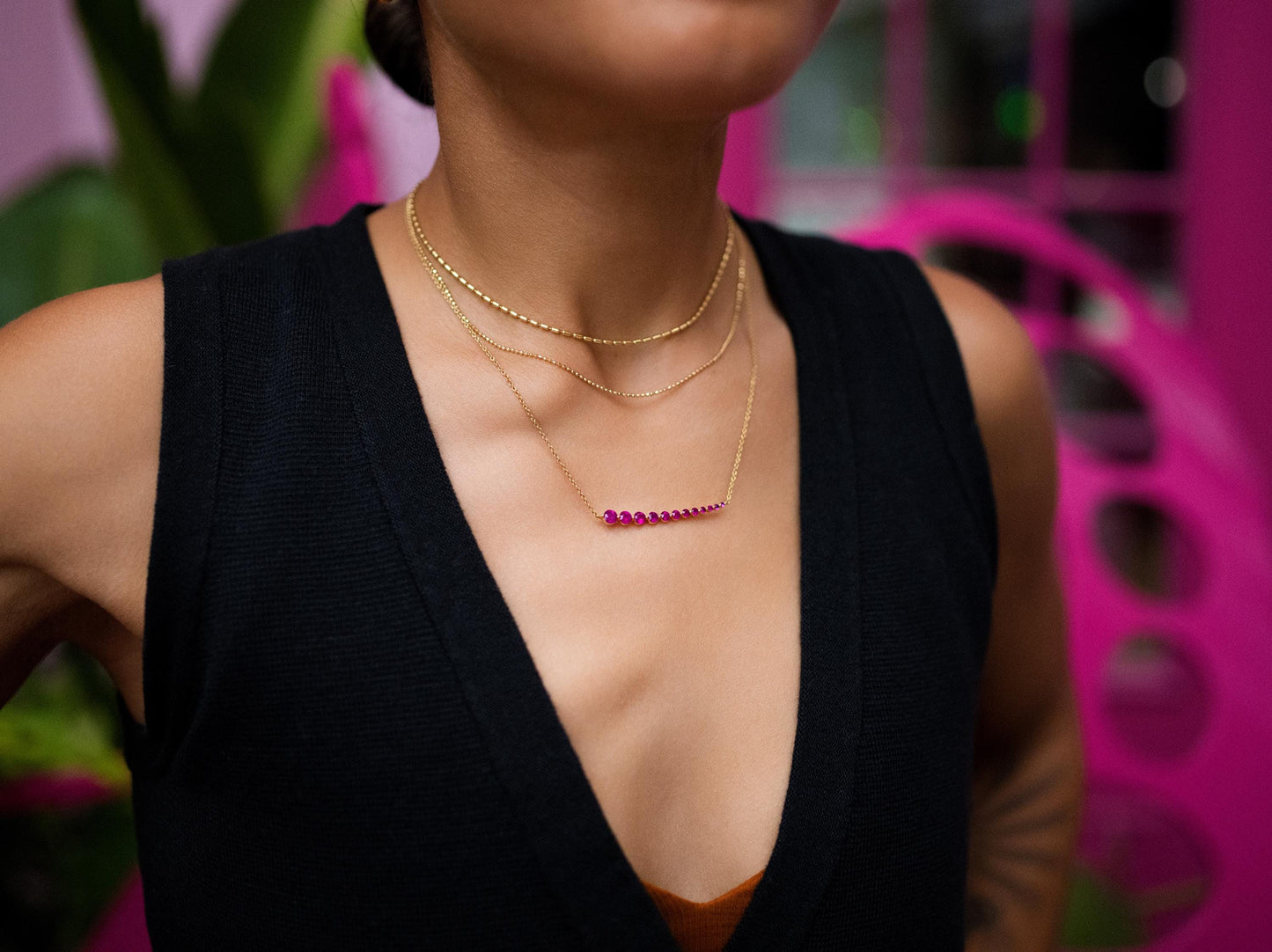 Ruby Bar Necklace in 14K Yellow Gold