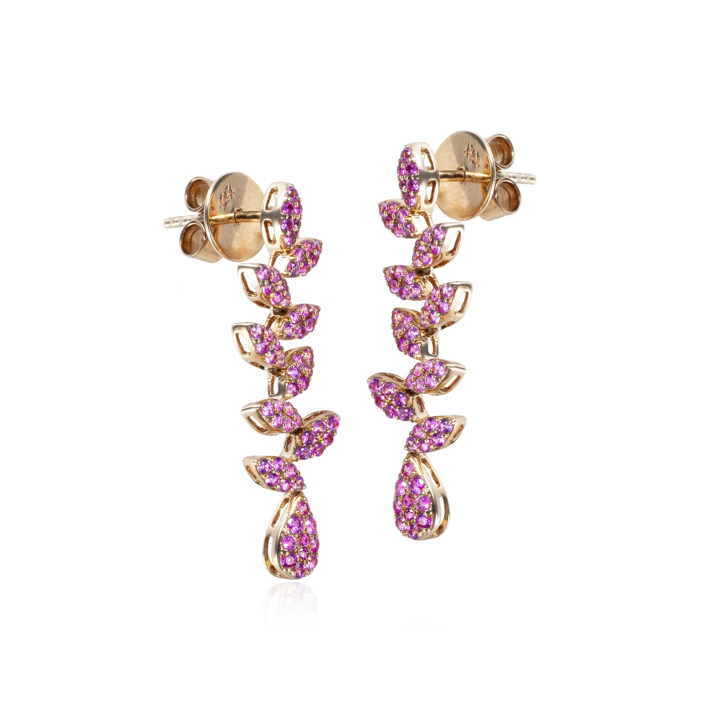 Pink Sapphire Pave Leafy Drop Earrings in 14K Yellow Gold