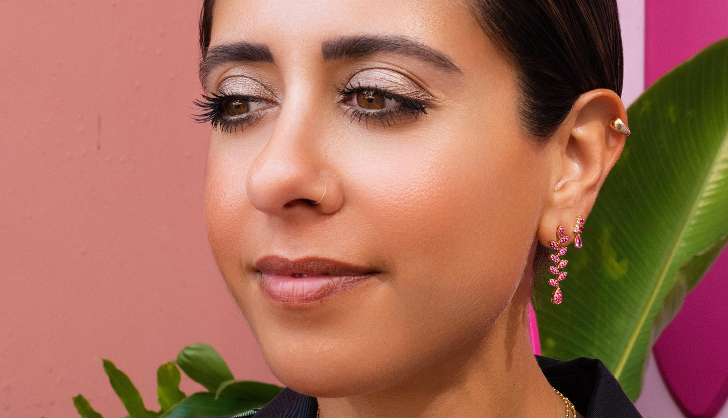 Pink Sapphire Pave Leafy Drop Earrings in 14K Yellow Gold