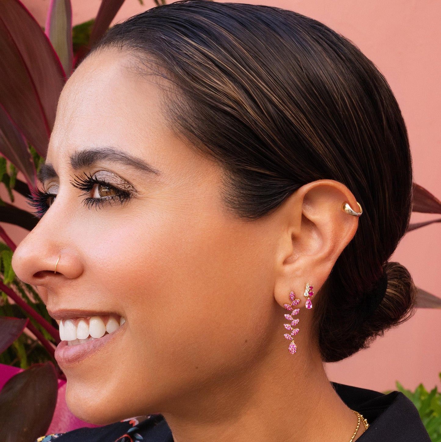 Pink Sapphire Pave Leafy Drop Earrings in 14K Yellow Gold