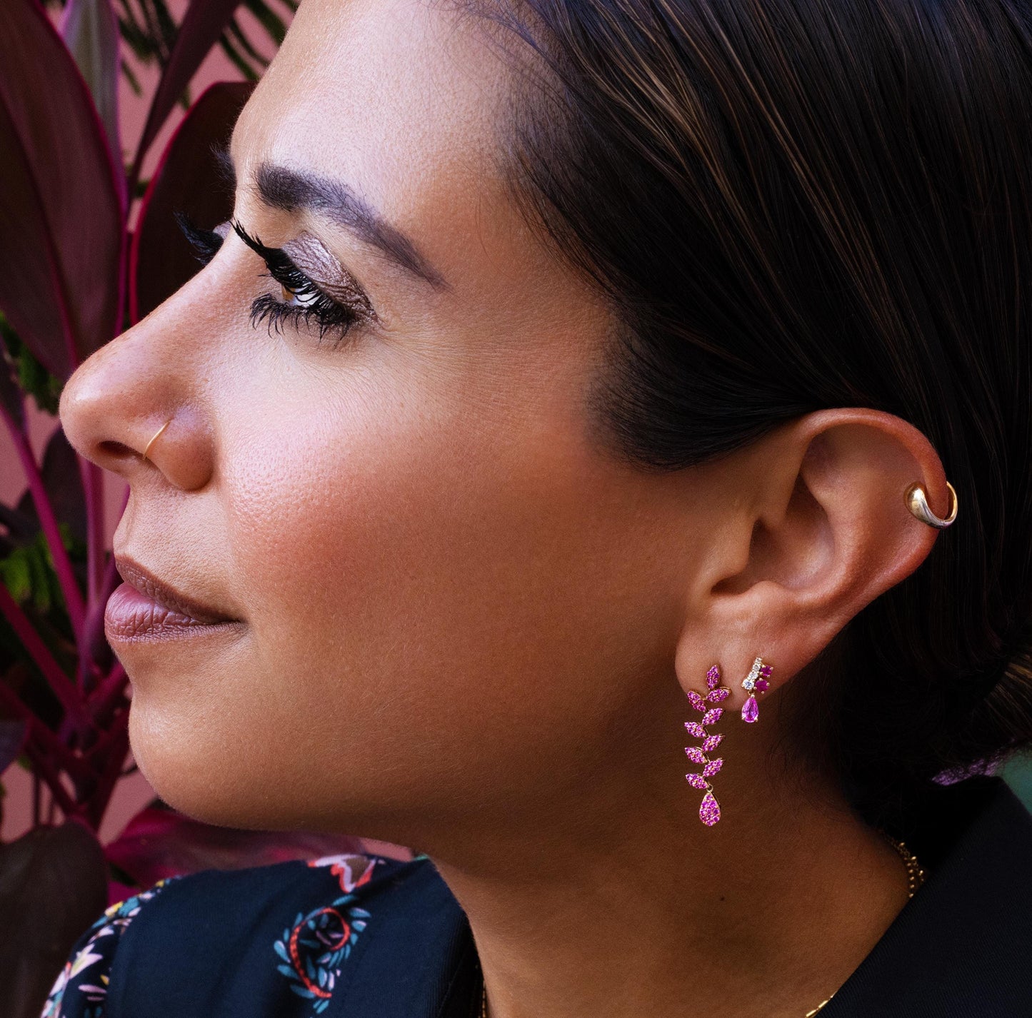 Pink Sapphire Pave Leafy Drop Earrings in 14K Yellow Gold