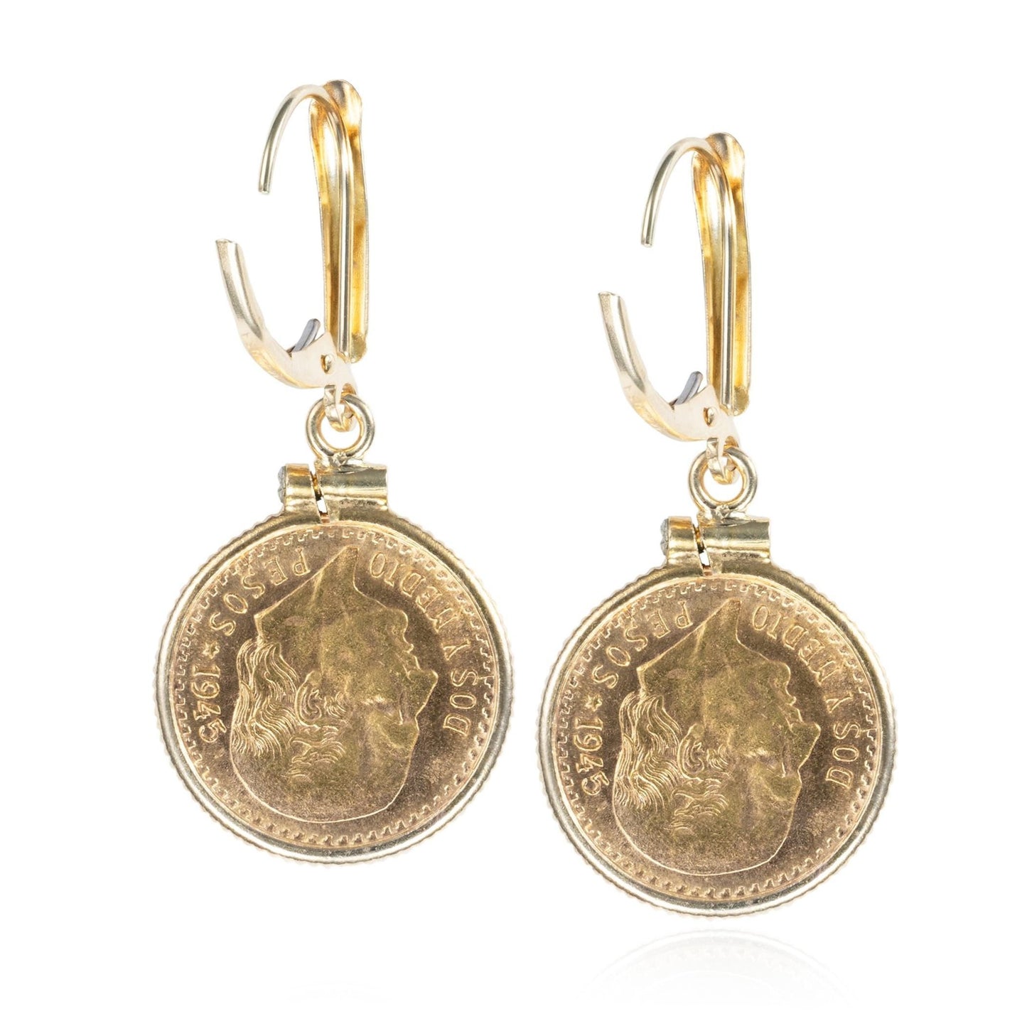 1945 Mexican Dos Y Medio Coin Earrings in 22K/14K Gold