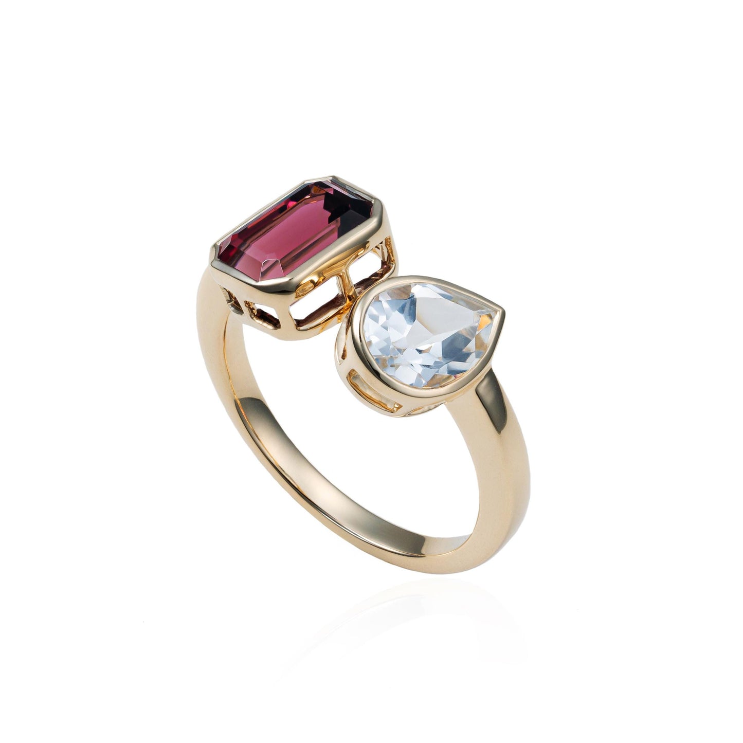 Pink Tourmaline & Pink Topaz Bezel Toi et Moi Ring in 14K Yellow Gold