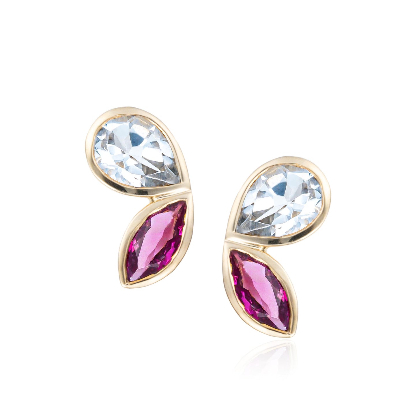 Pink Tourmaline & White Topaz Duo Bezel Stud Earrings in 14K Yellow Gold