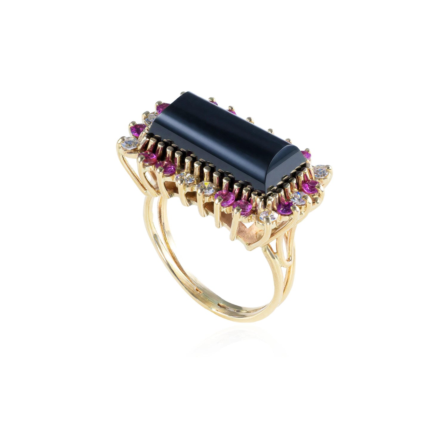 Onyx, Diamond, & Ruby East West Cocktail Ring in 14K Yellow Gold