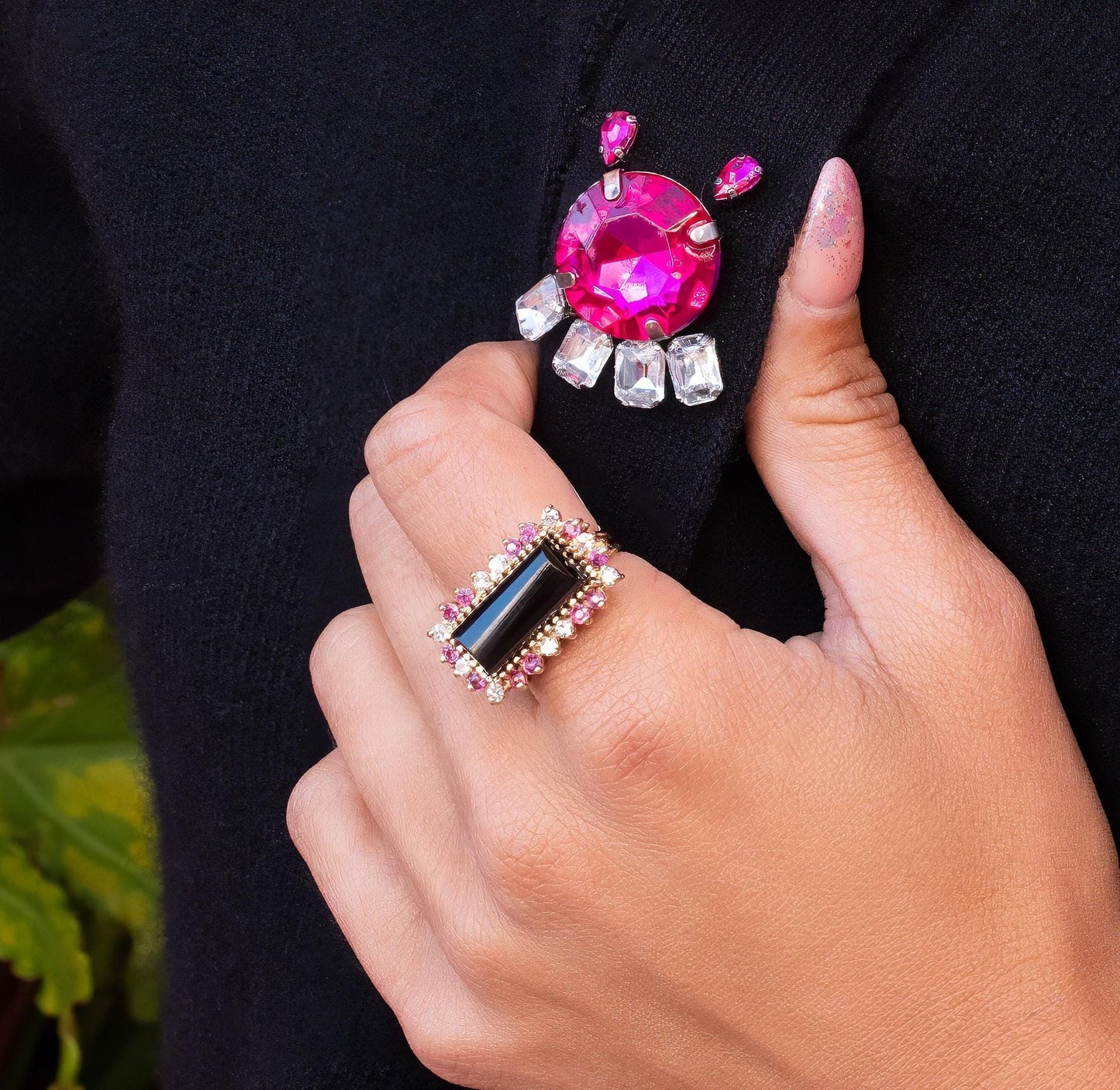 Onyx, Diamond, & Ruby East West Cocktail Ring in 14K Yellow Gold