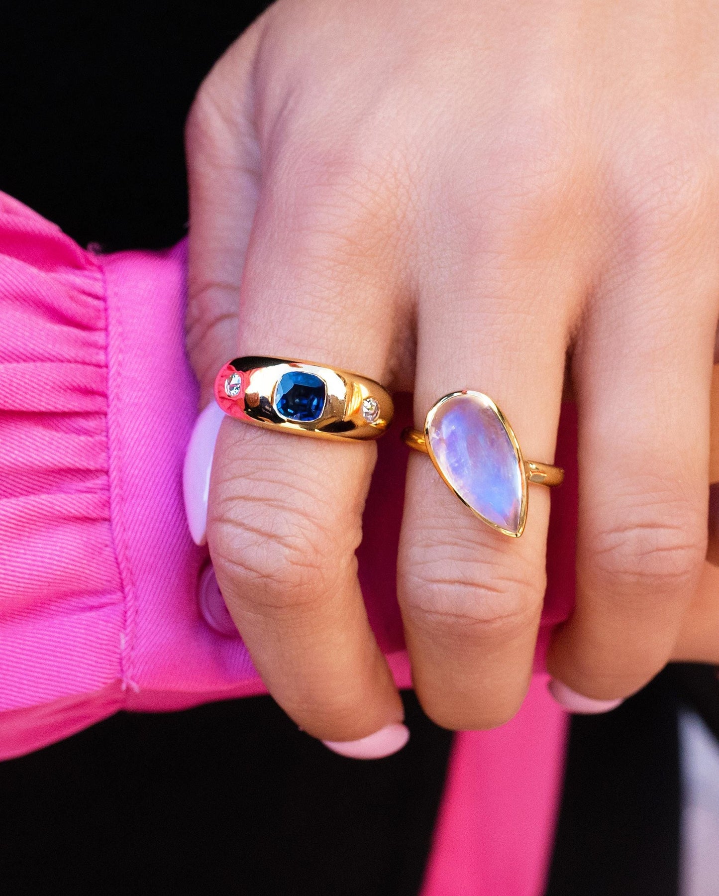 Offset Pear Rainbow Moonstone Bezel Ring in 18K Yellow Gold