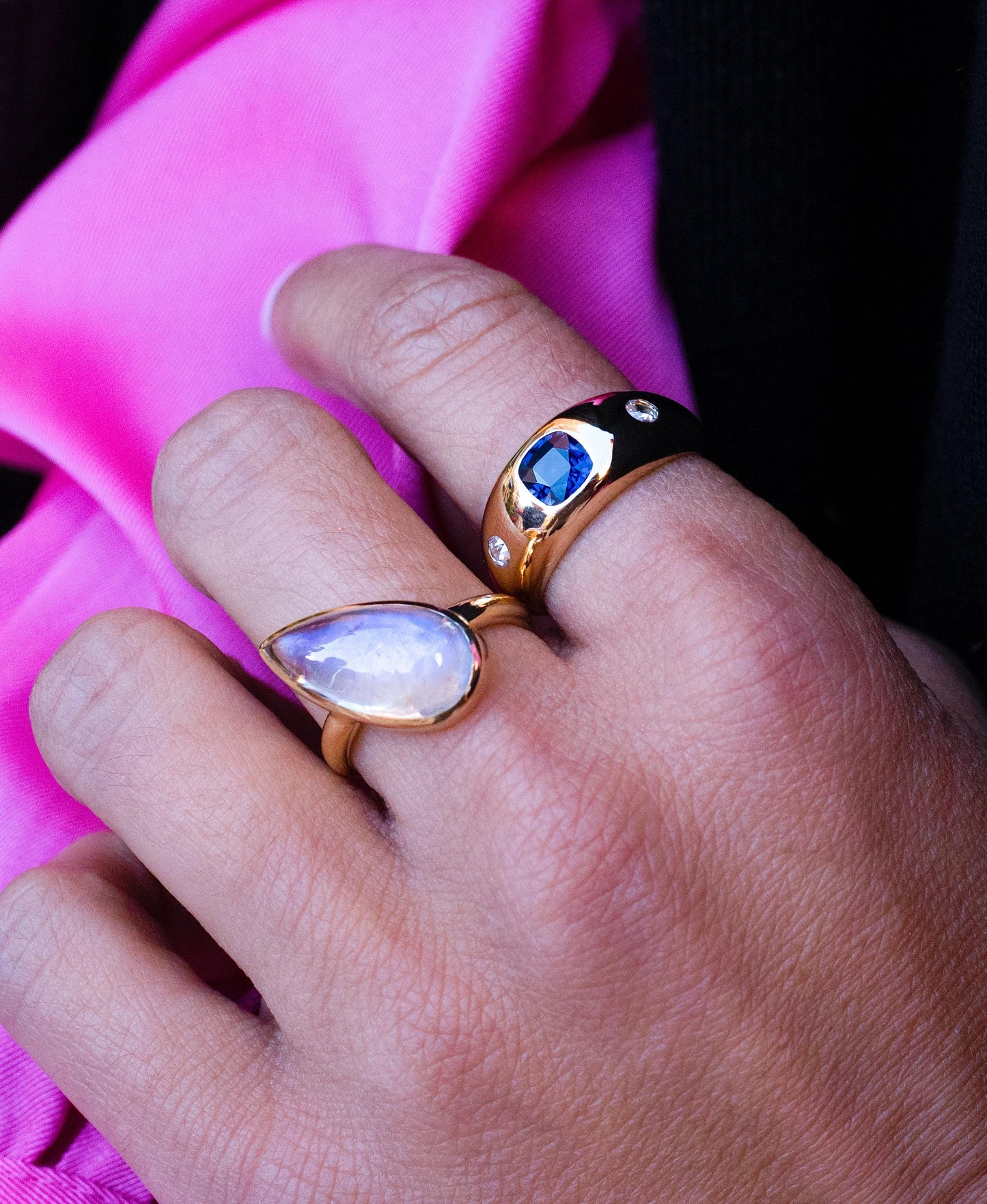 Offset Pear Rainbow Moonstone Bezel Ring in 18K Yellow Gold