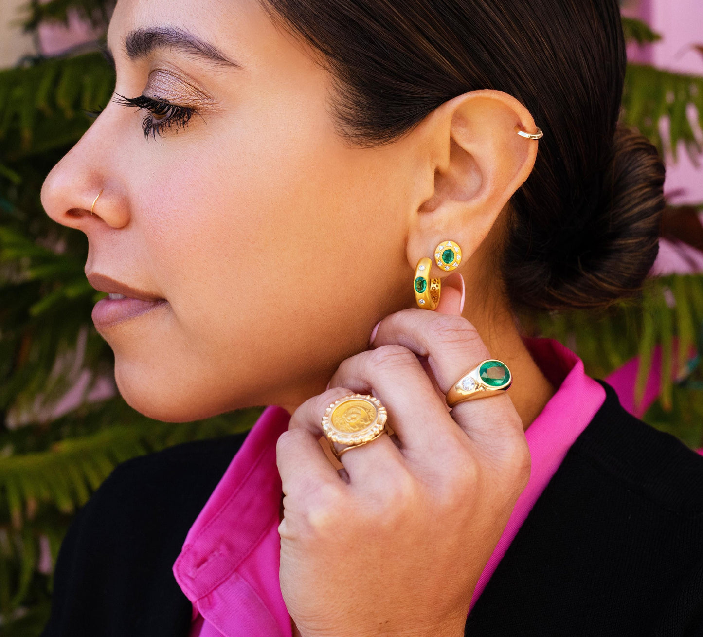Emerald Diamond Halo Stud Earrings in 18K Yellow Gold