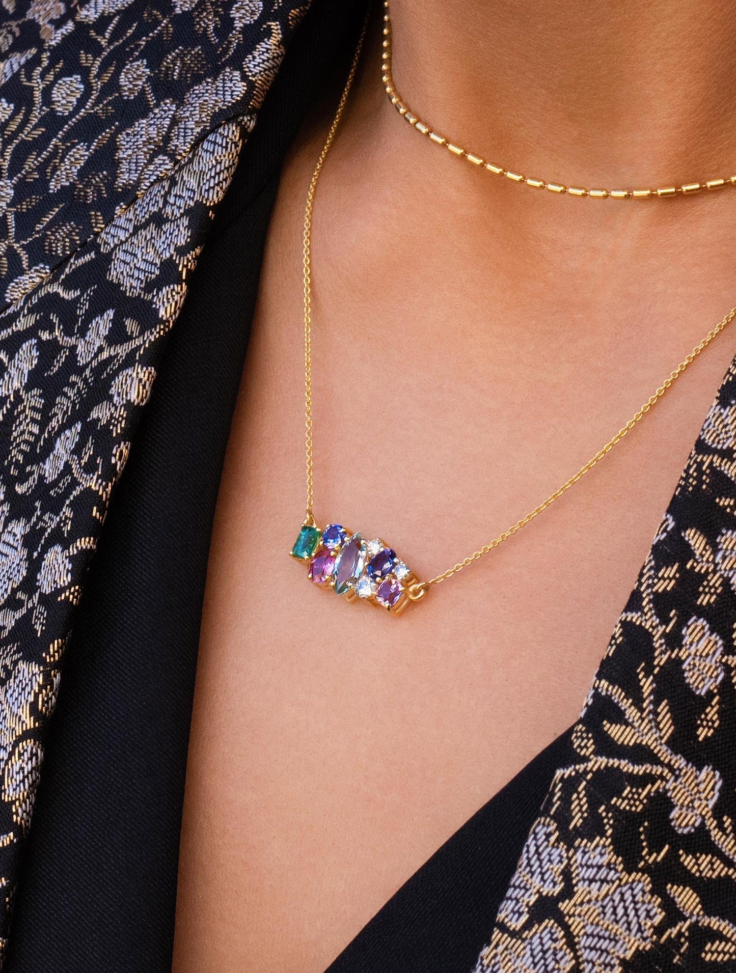 Pastel Scattered Multi Gemstone Necklace in 14K Yellow Gold