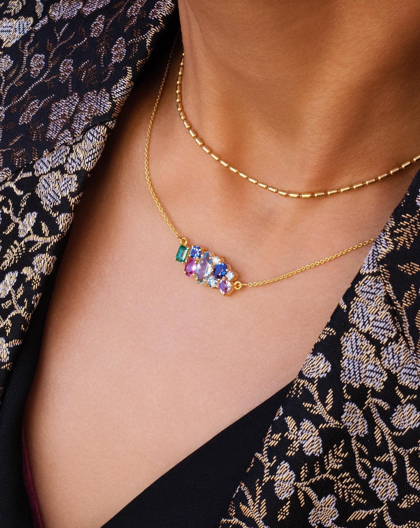 Pastel Scattered Multi Gemstone Necklace in 14K Yellow Gold