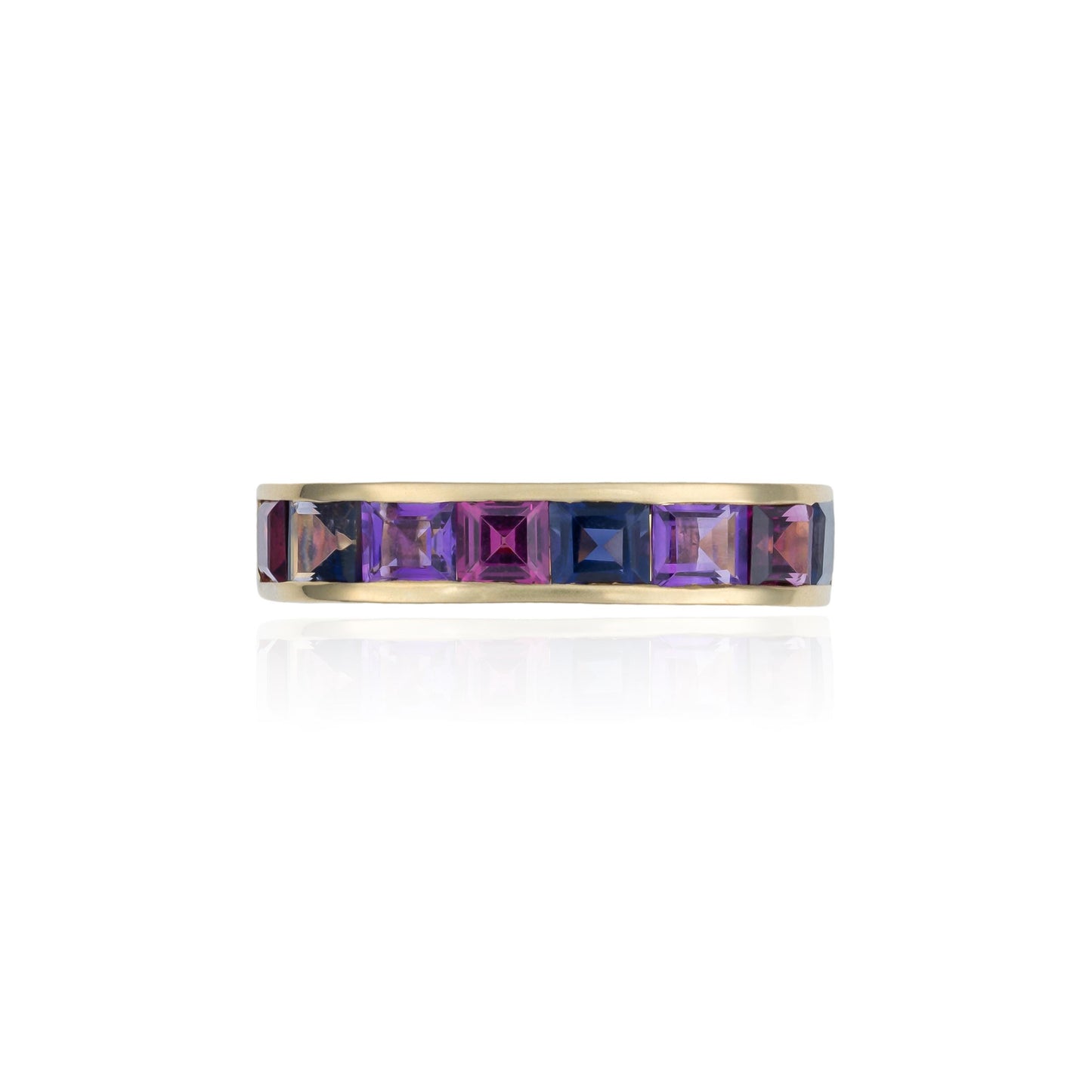 Square Multi Purple Gemstone Channel Set Ring in 18K Yellow Gold