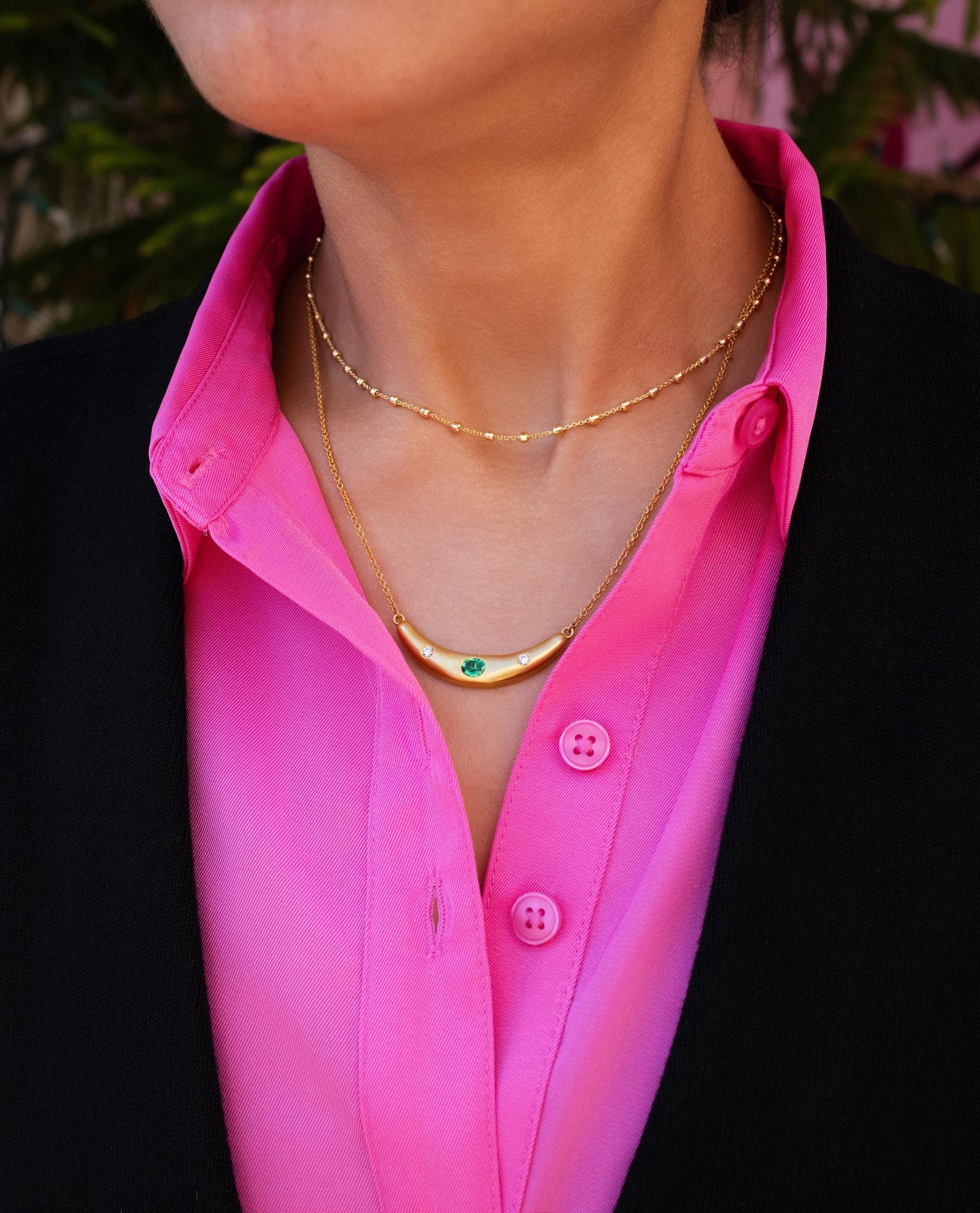 Emerald & Diamond Curved Bar Necklace in 18K Yellow Gold