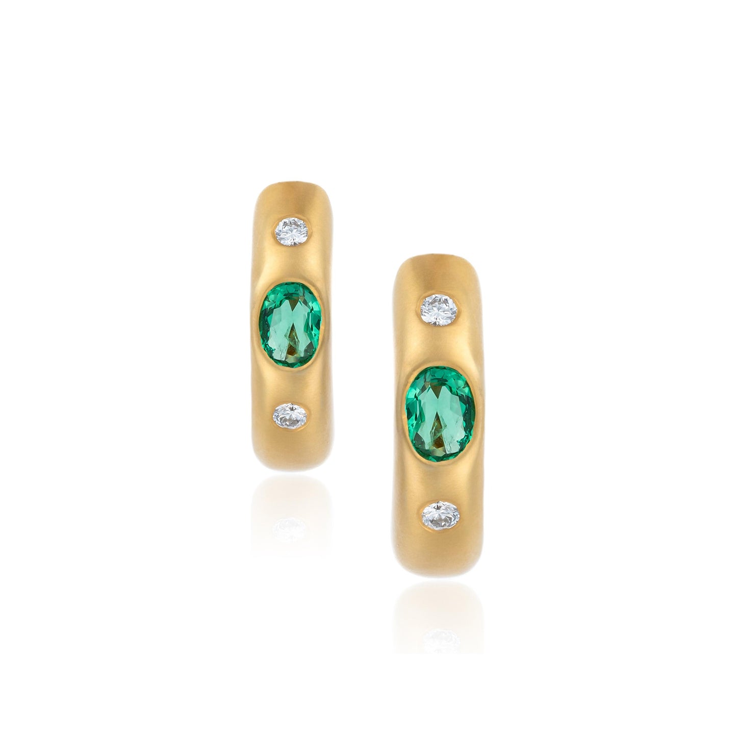 Emerald & Diamond Huggie Hoops in 18K Yellow Gold