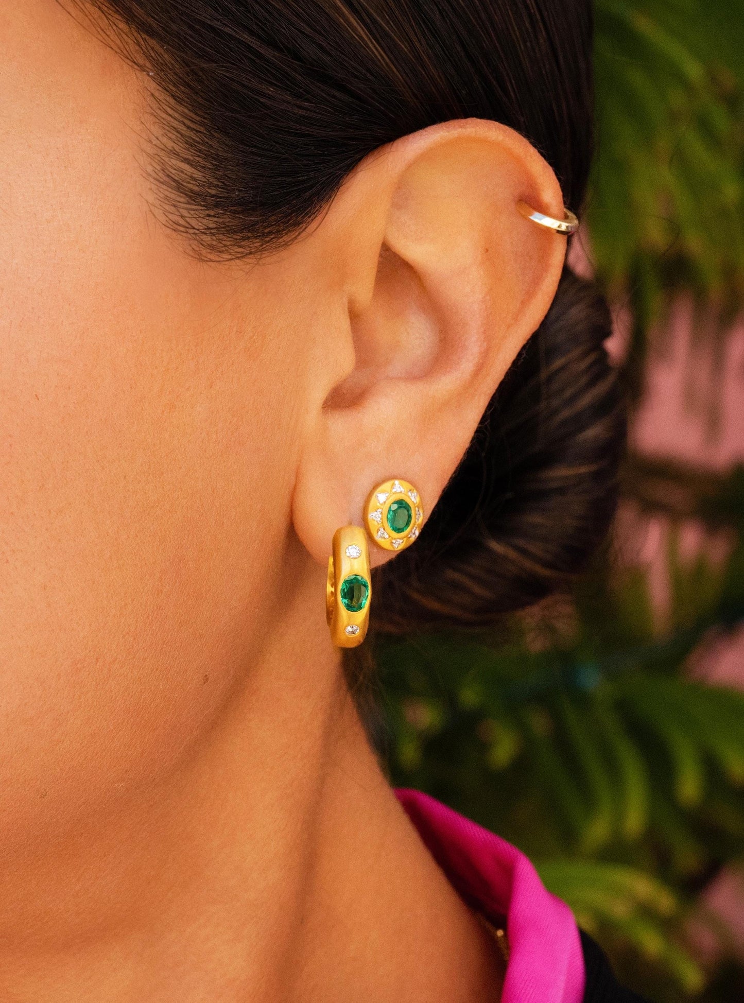 Emerald & Diamond Huggie Hoops in 18K Yellow Gold