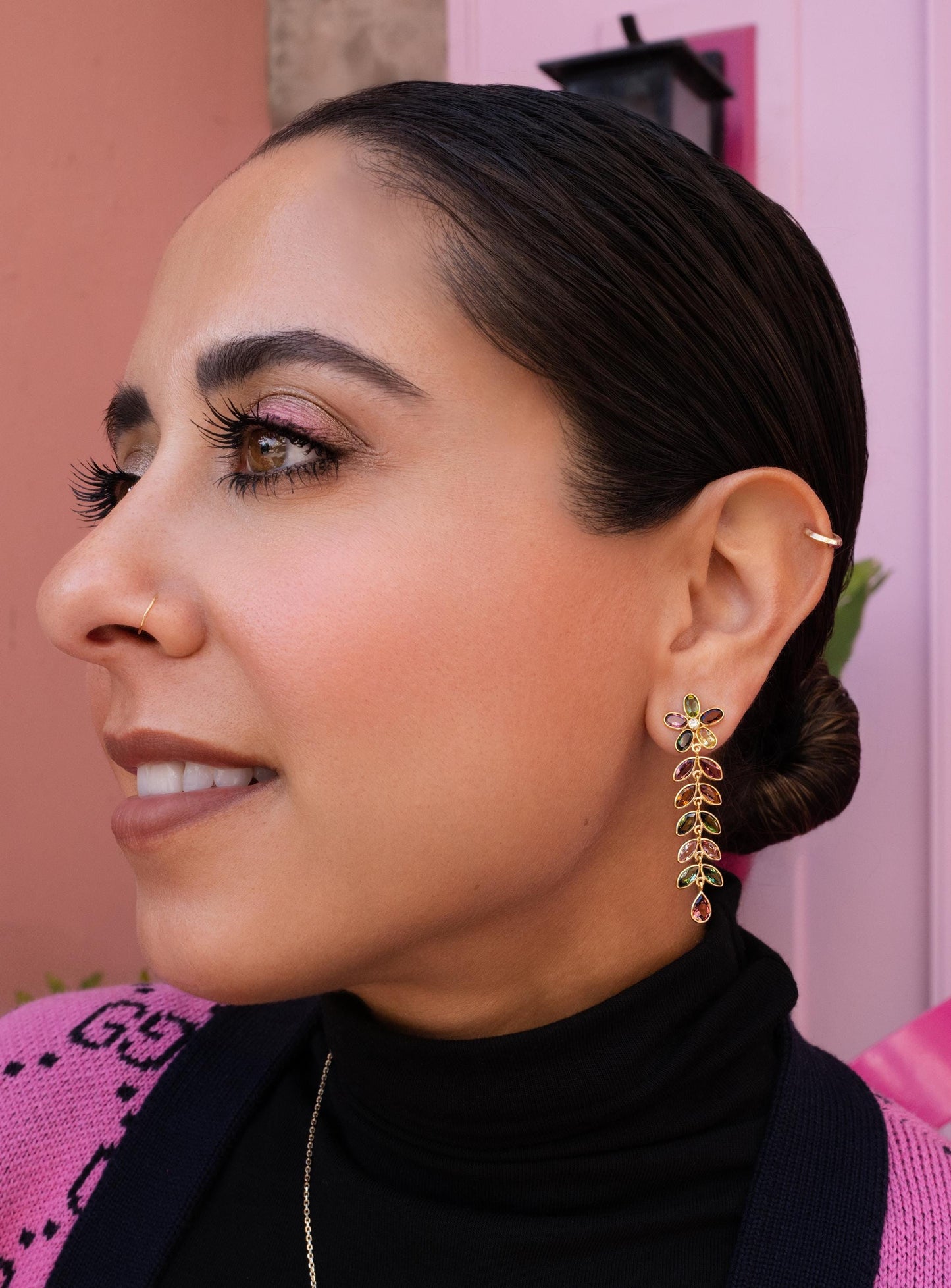 Multi Tourmaline Bezel Floral Drop Earrings in 14K Yellow Gold