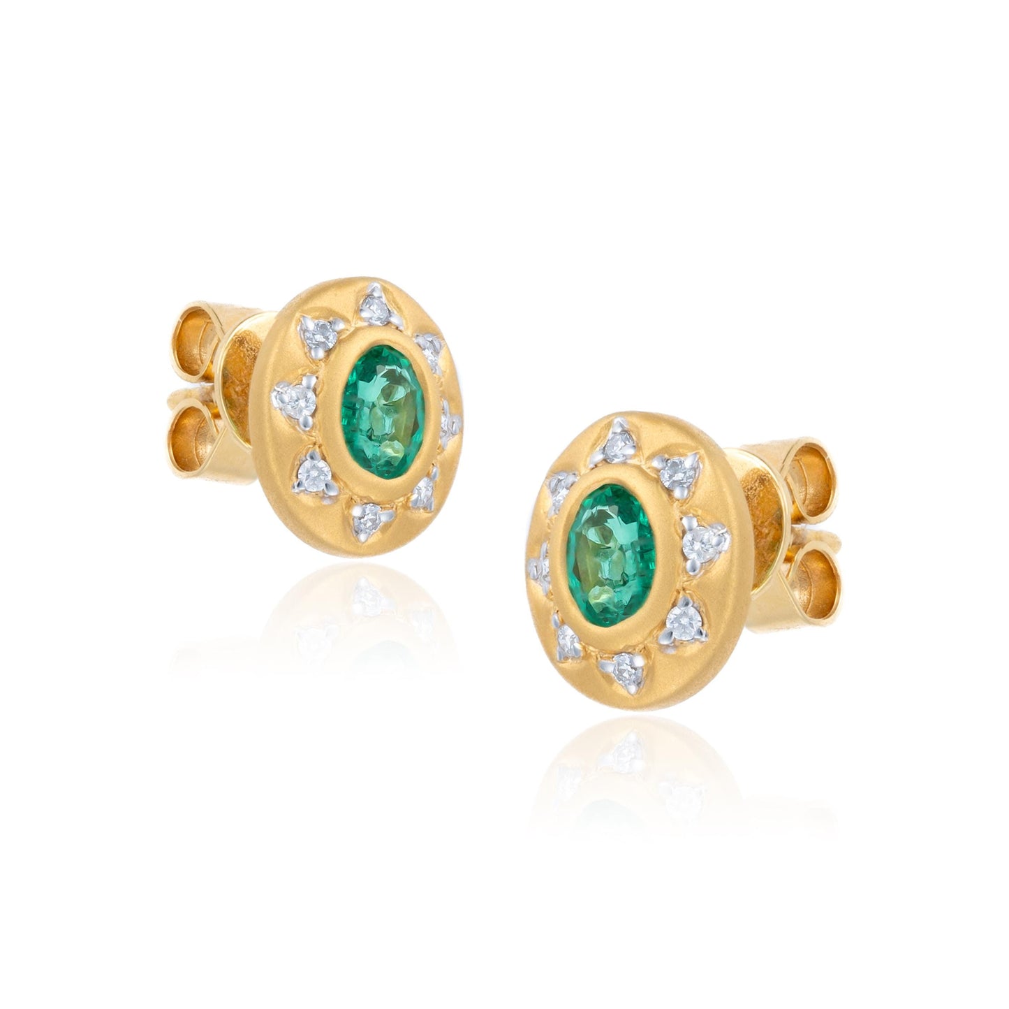 Emerald Diamond Halo Stud Earrings in 18K Yellow Gold