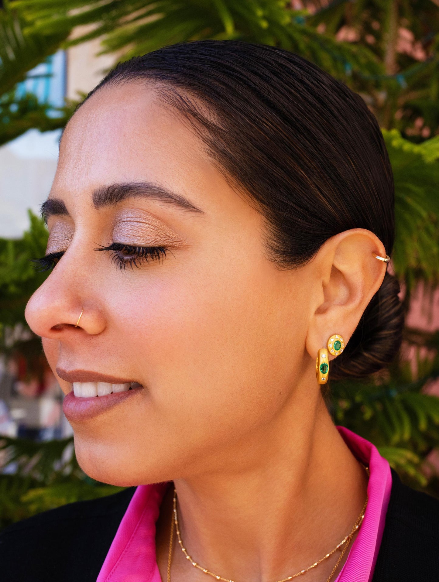 Emerald Diamond Halo Stud Earrings in 18K Yellow Gold