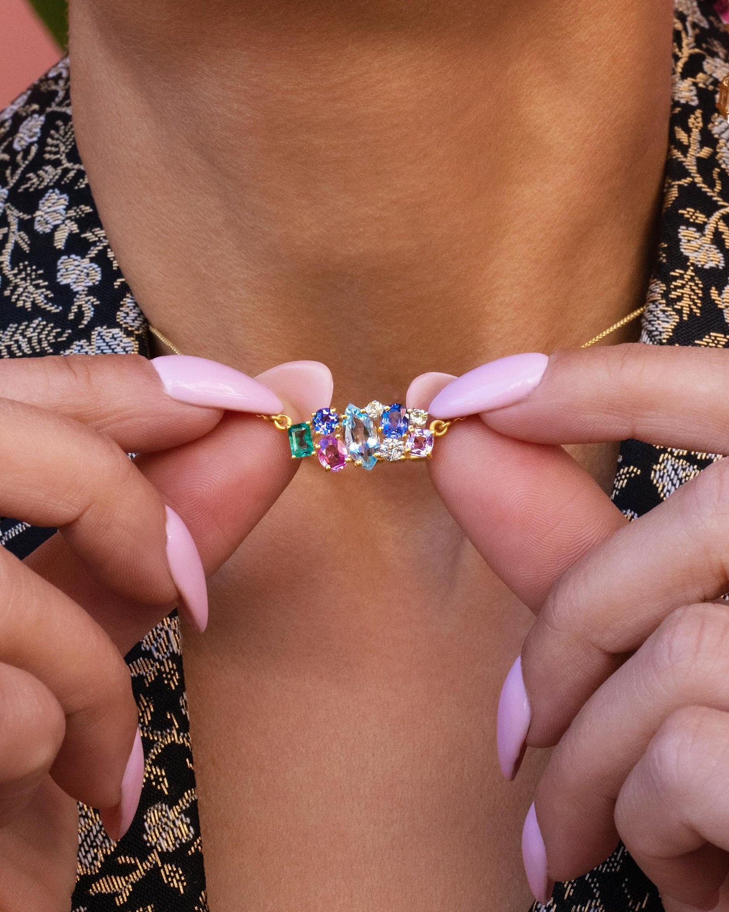Pastel Scattered Multi Gemstone Necklace in 14K Yellow Gold
