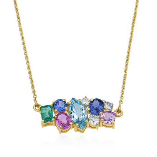 Pastel Scattered Multi Gemstone Necklace in 14K Yellow Gold