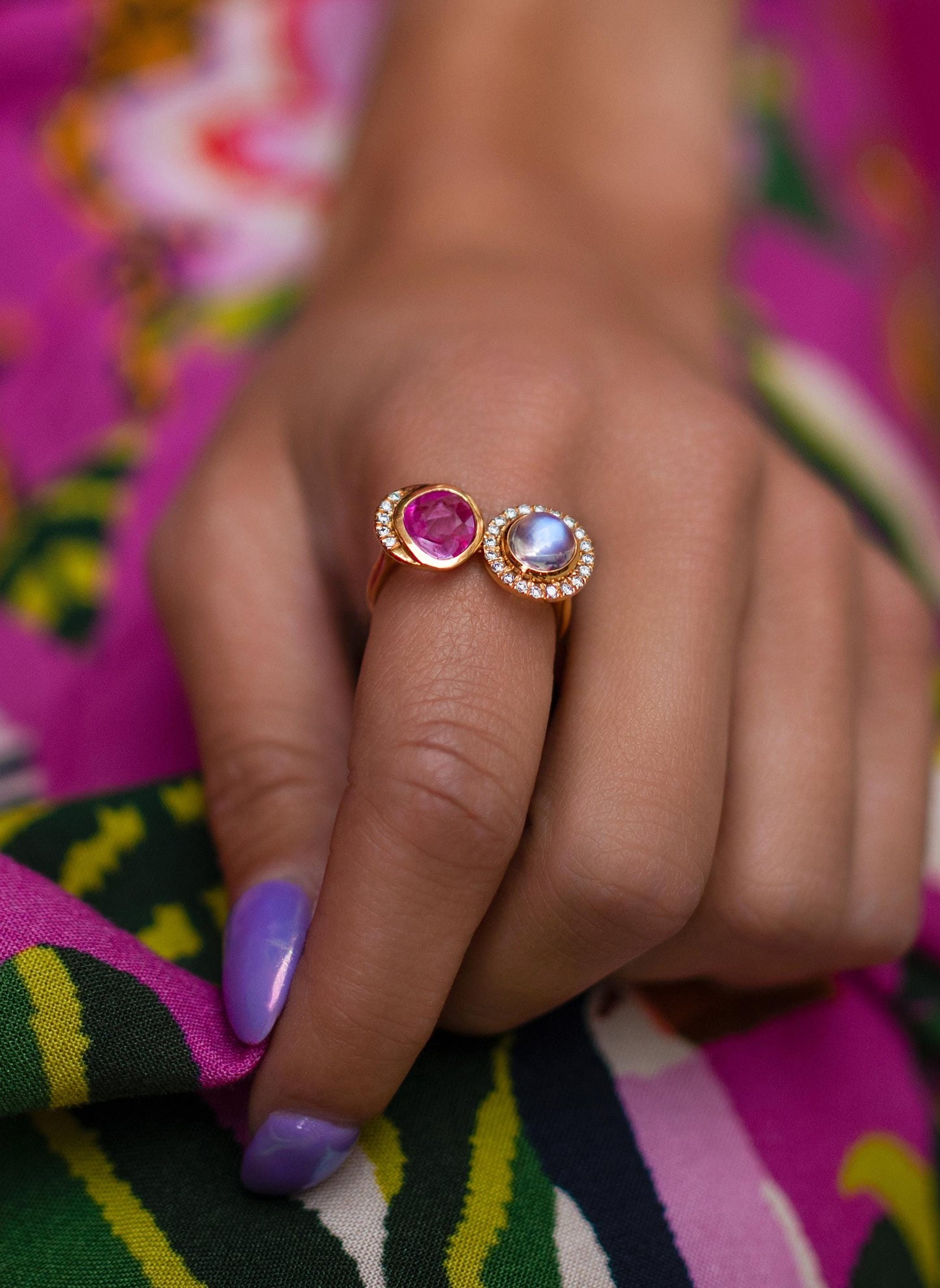 Pink Sapphire & Rainbow Moonstone with Diamond Accents Toi et Moi Ring in 18K Gold