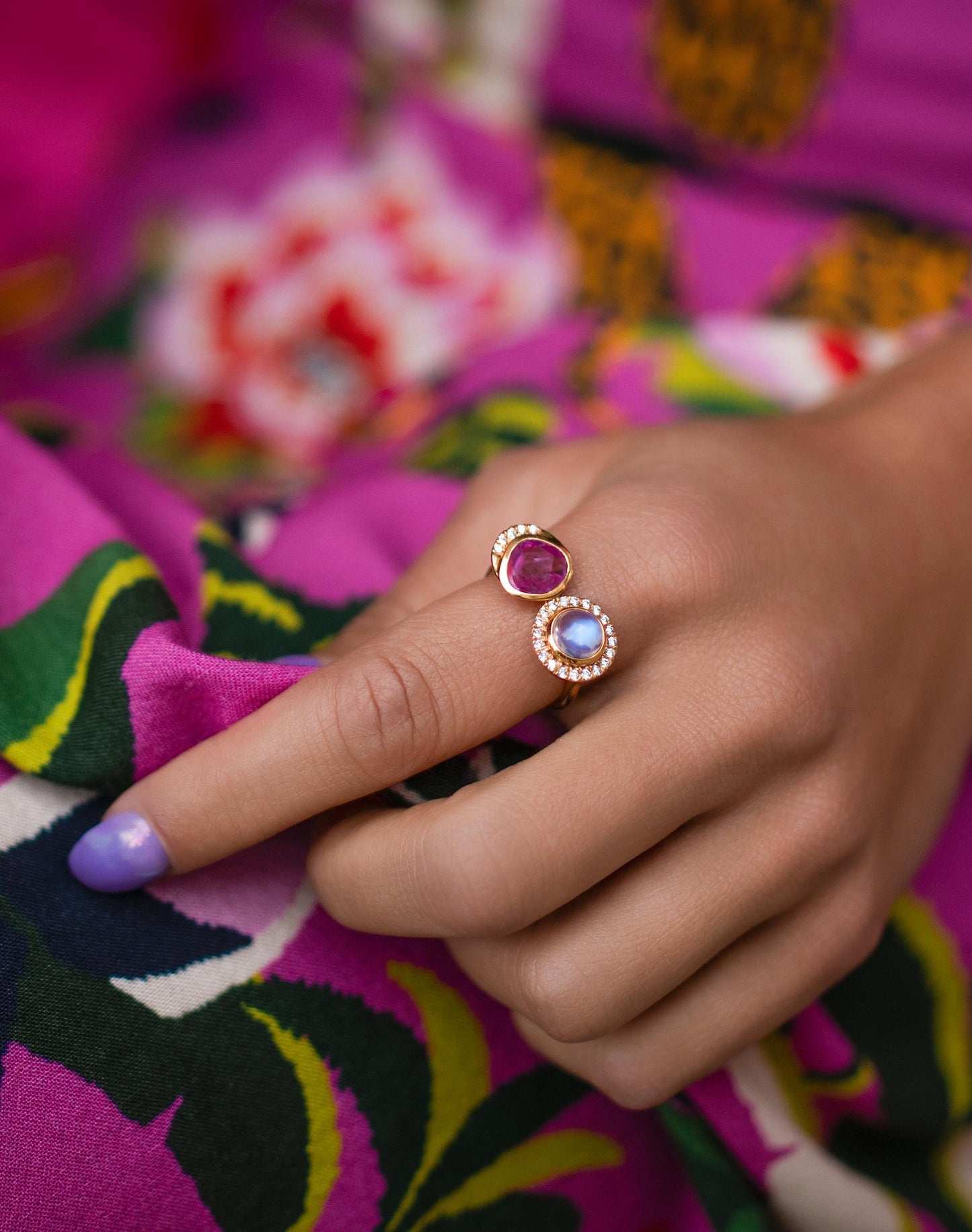 Pink Sapphire & Rainbow Moonstone with Diamond Accents Toi et Moi Ring in 18K Gold