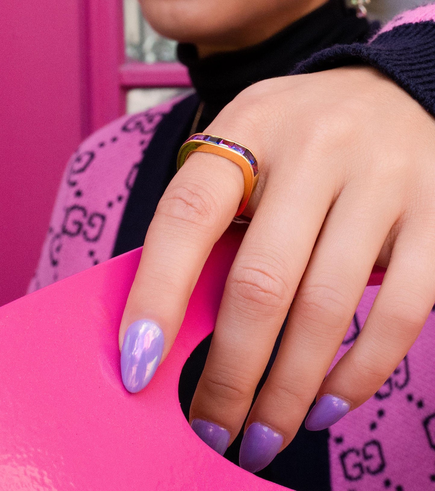 Square Multi Purple Gemstone Channel Set Ring in 18K Yellow Gold
