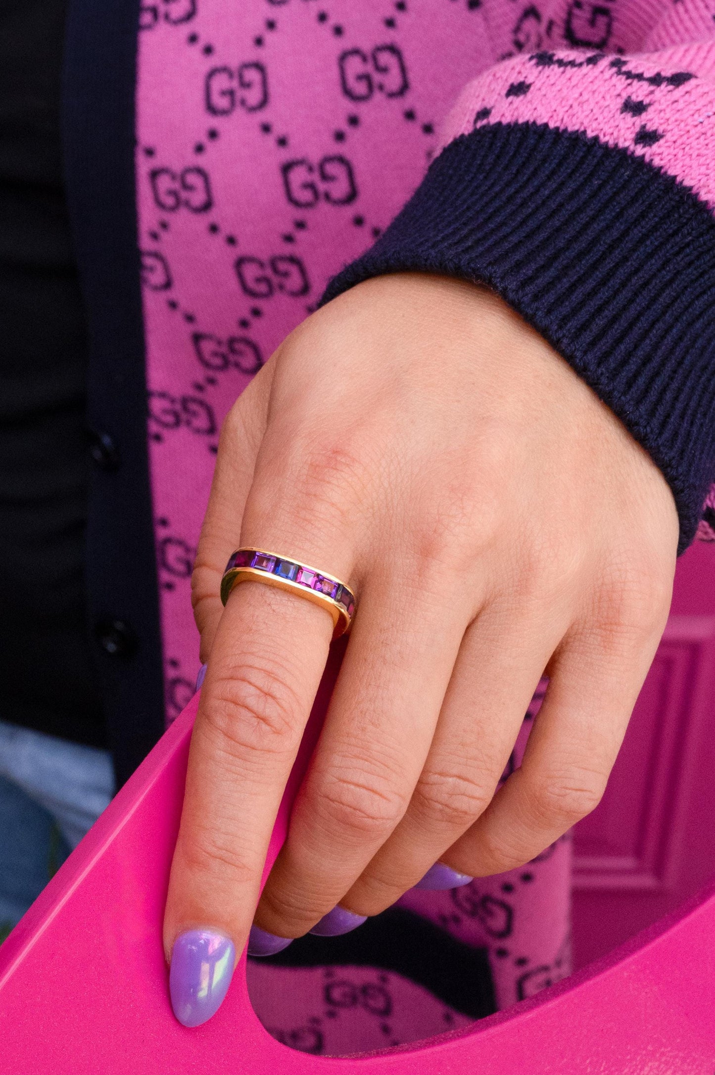 Square Multi Purple Gemstone Channel Set Ring in 18K Yellow Gold