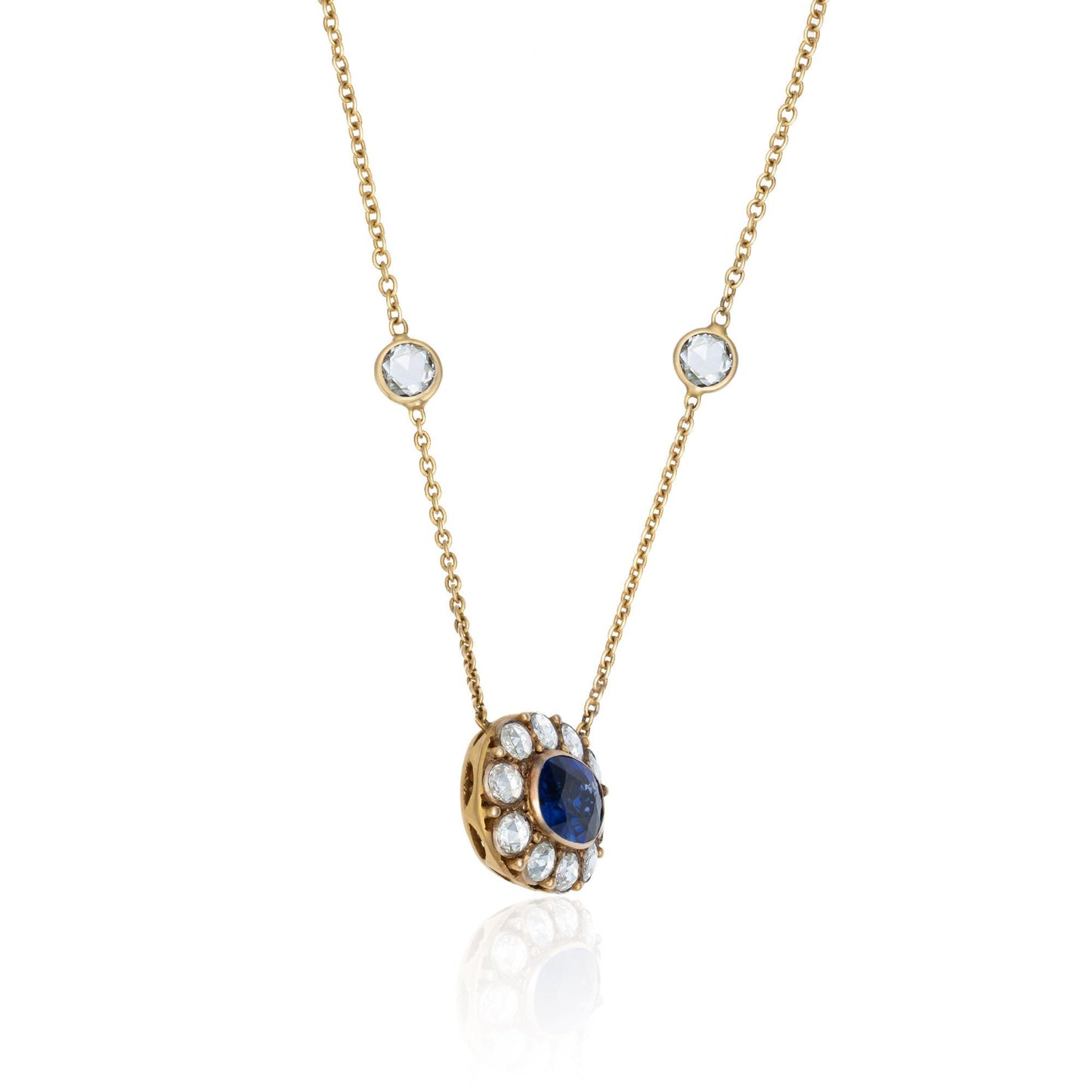 Sapphire & Diamond Halo Necklace in 18K Yellow Gold