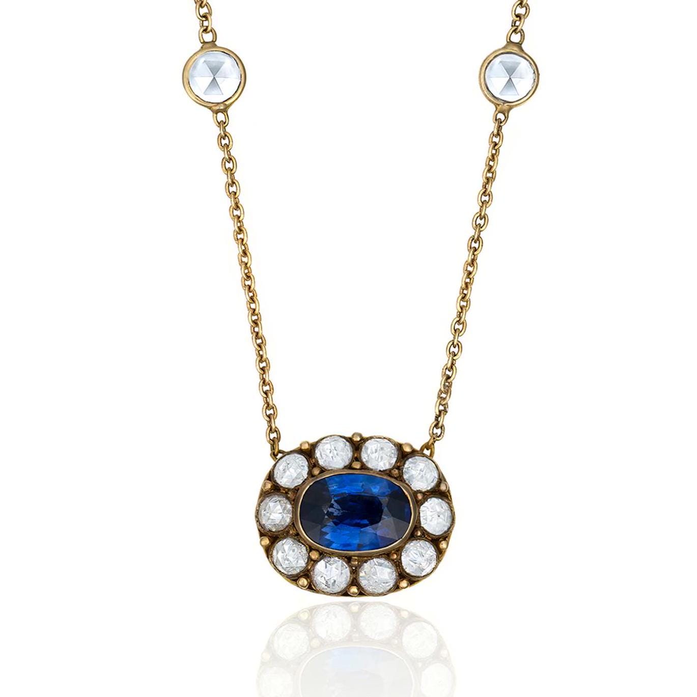 Sapphire & Diamond Halo Necklace in 18K Yellow Gold