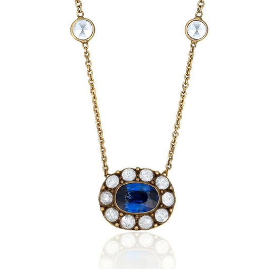 Sapphire & Diamond Halo Necklace in 18K Yellow Gold